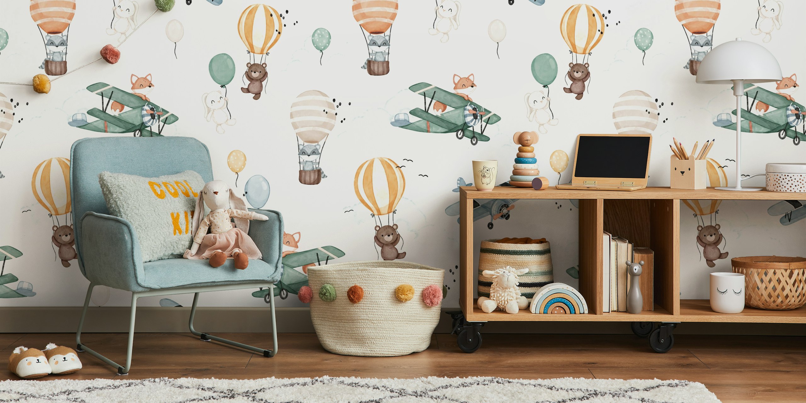 Colorful balloons and planes with cute animals on white wallpaper