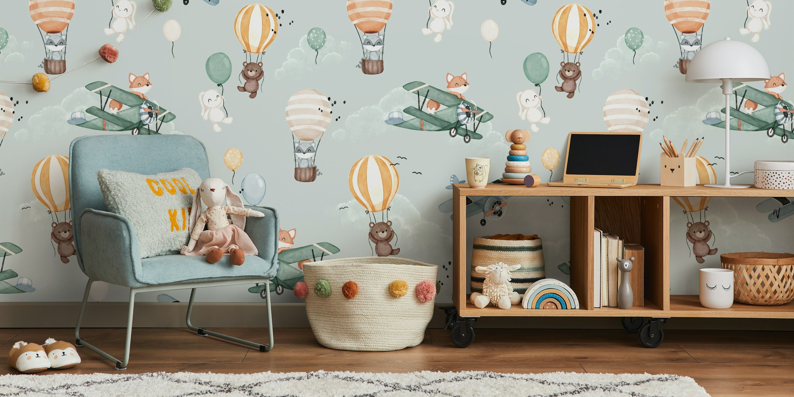 Up Up And Away mint wallpaper design in a room