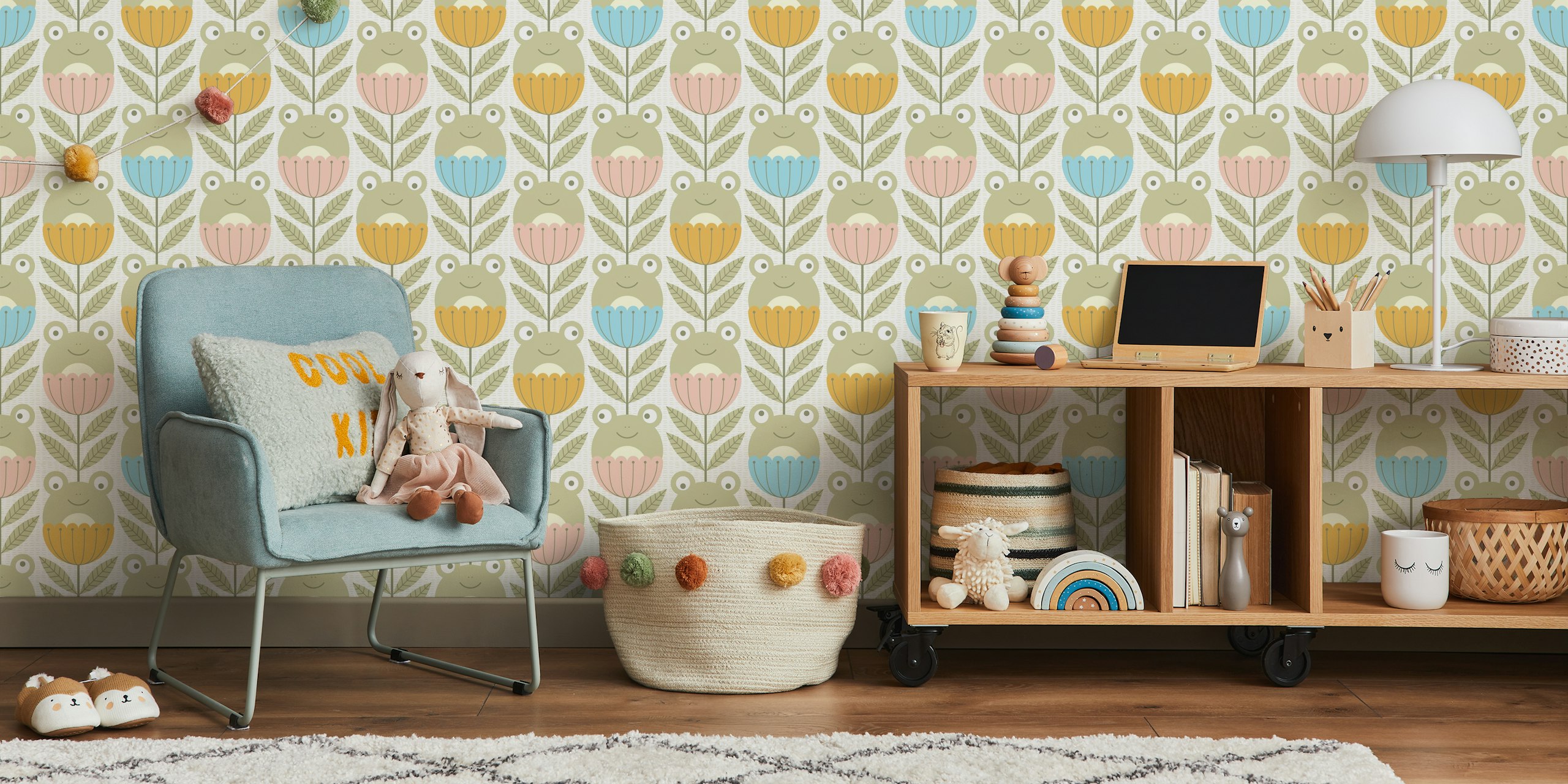 Frogs and floral patterns in soft pastel colors wallpaper