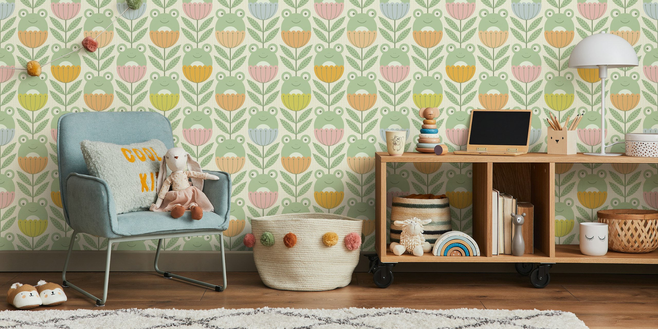 Colorful frogs and flowers in pastel tones wallpaper