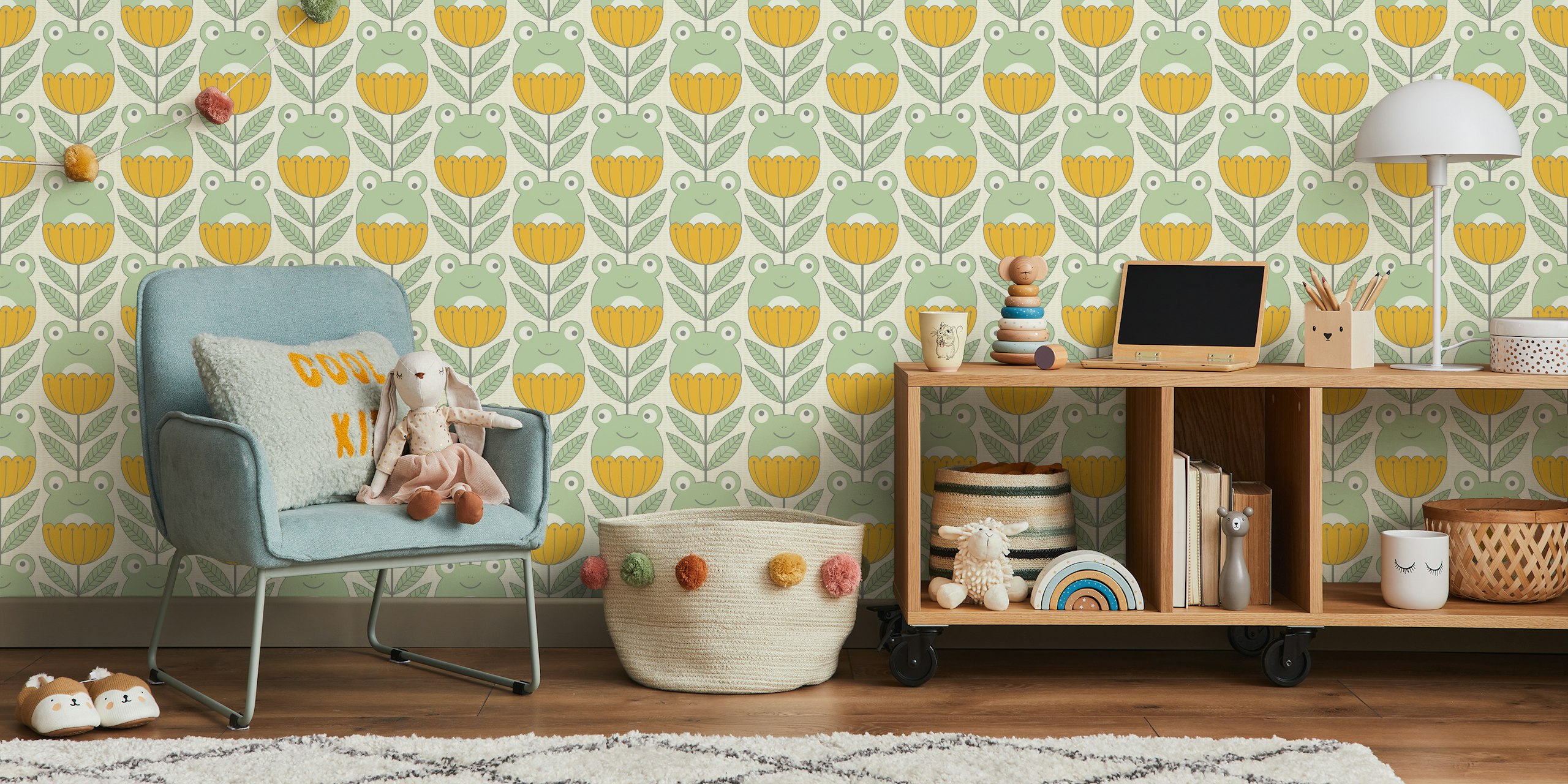 Fun frogs and floral pattern wallpaper
