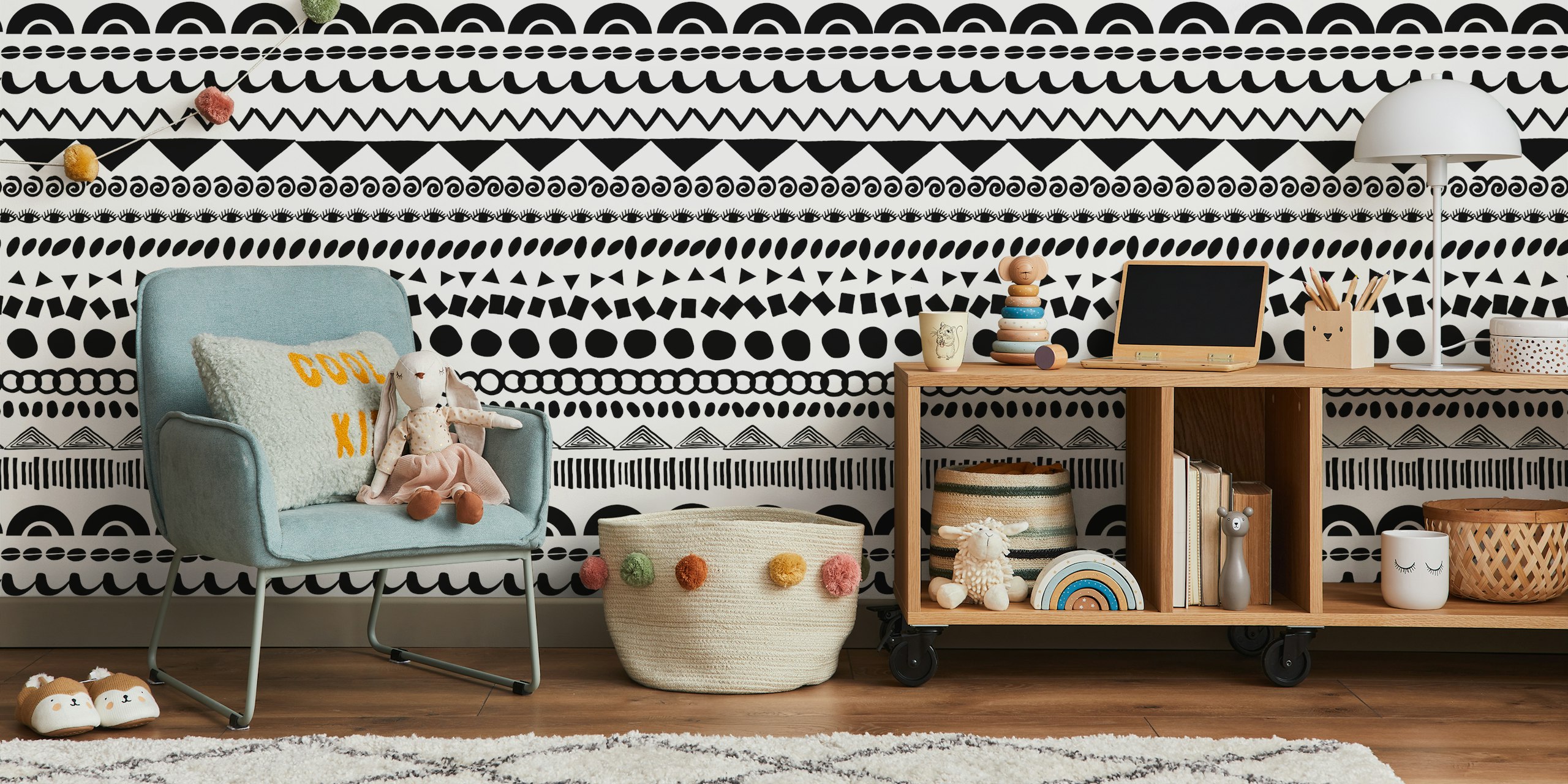 Black tribal patterns and stripes on white wallpaper