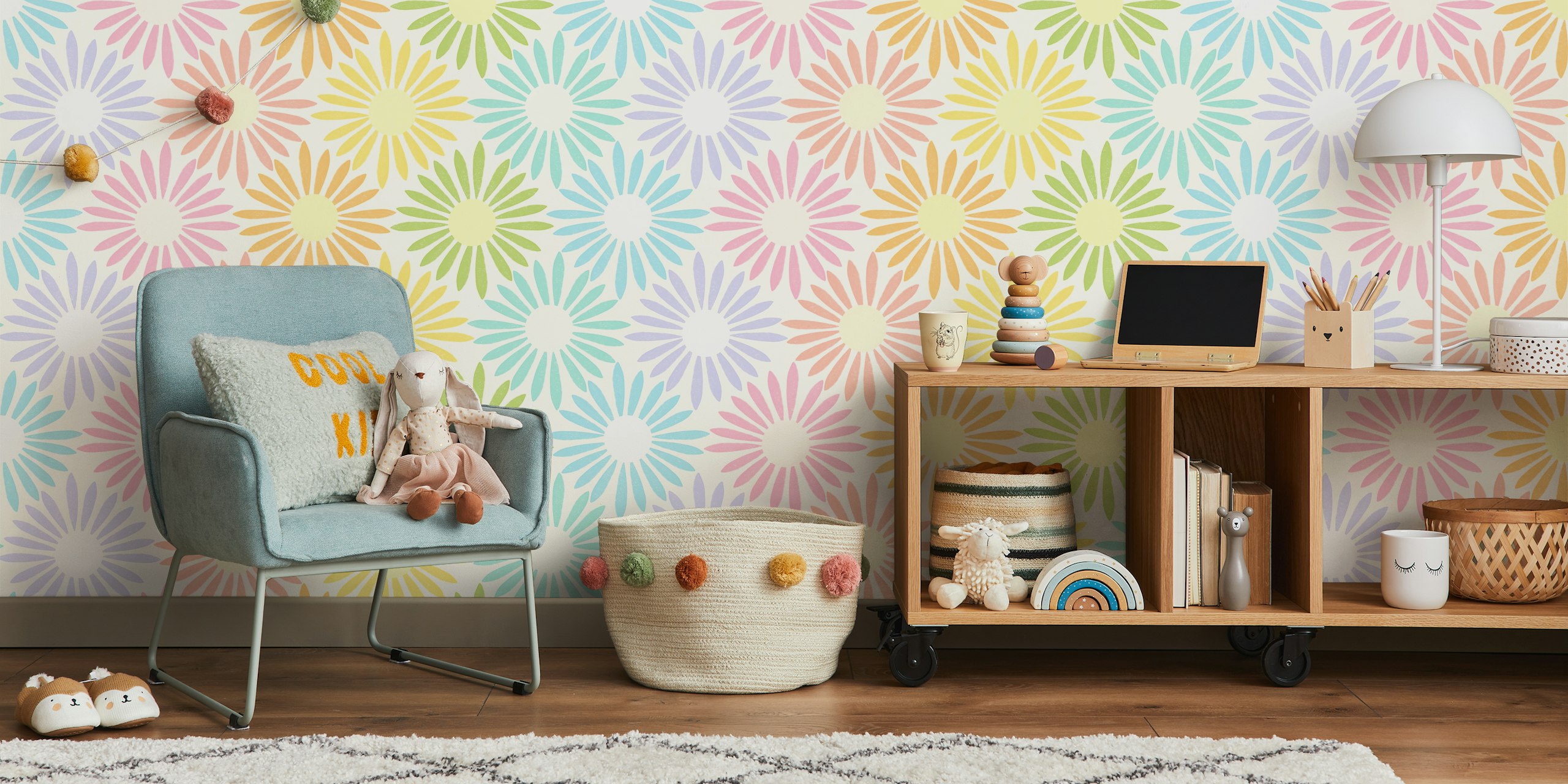 Colorful flower patterns in pink, blue, yellow, and green wallpaper