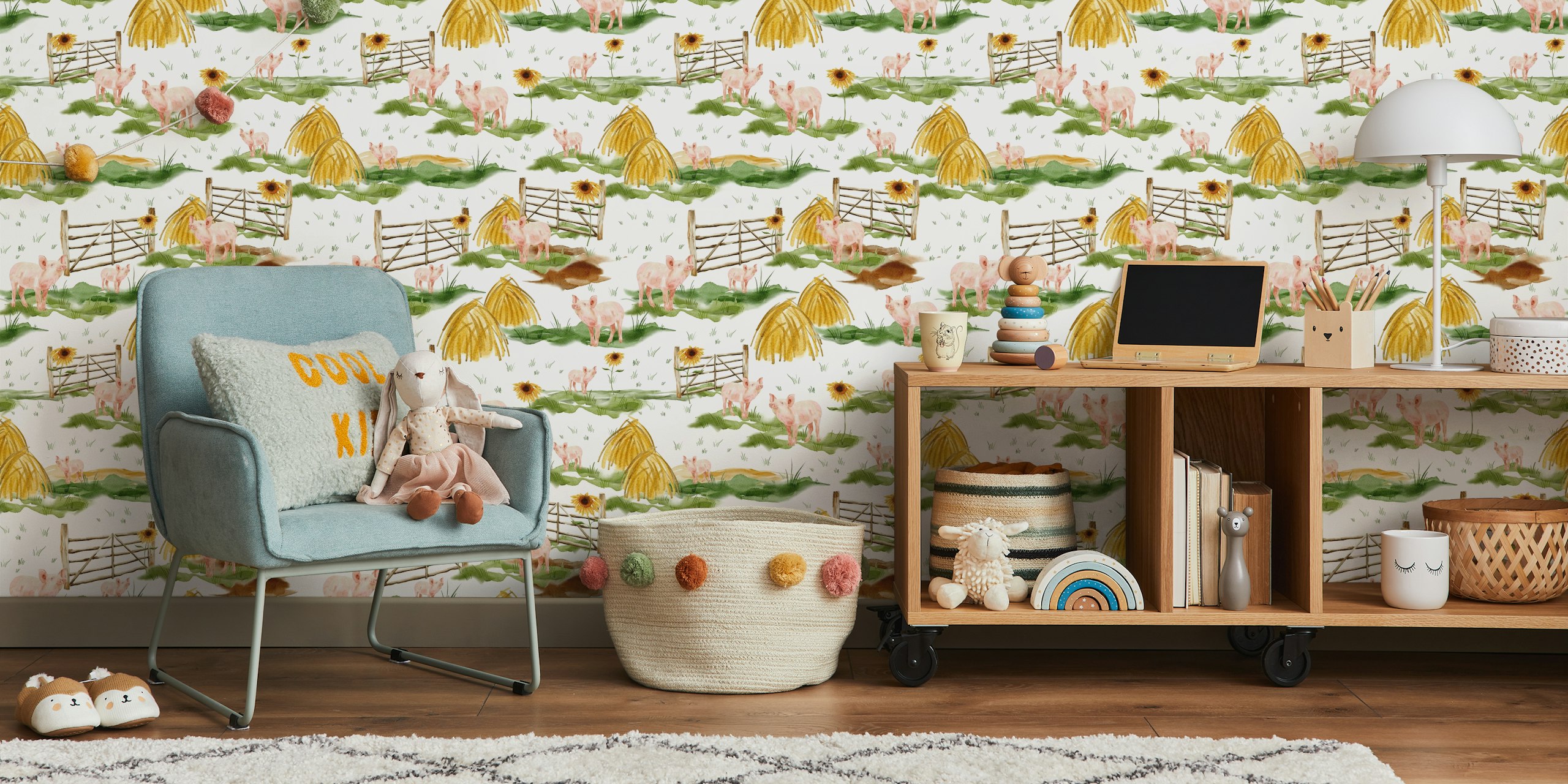 Charming piglet wallpaper design in a room