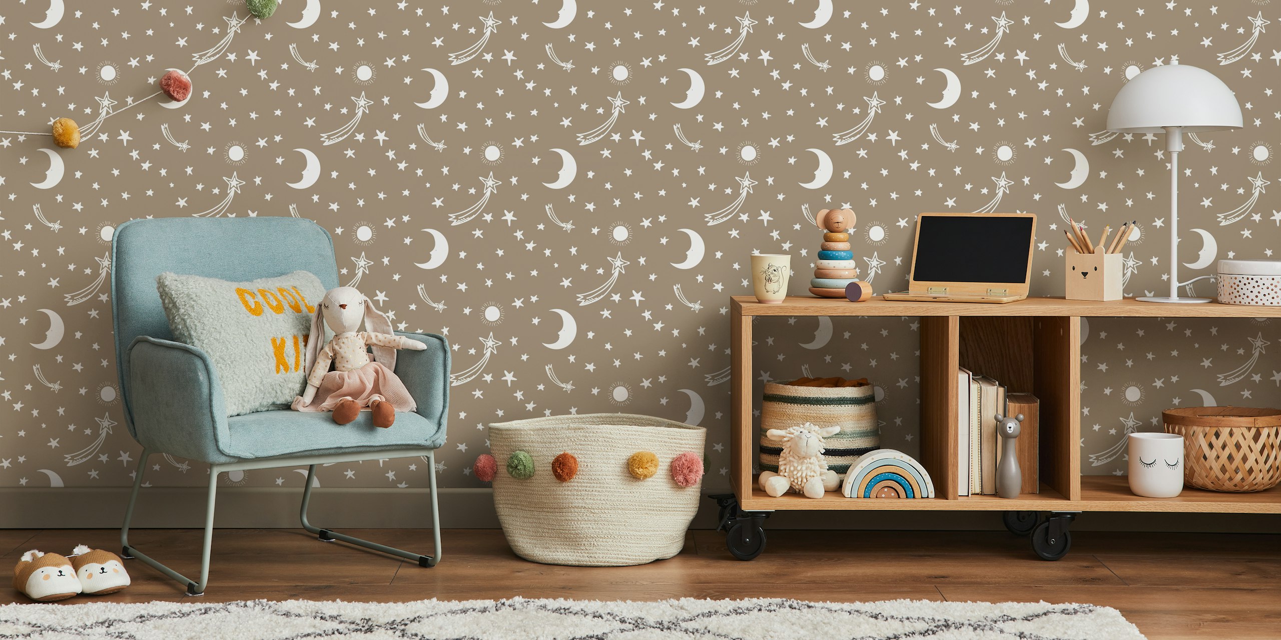 Mocha background with white stars, moons, and sun wallpaper