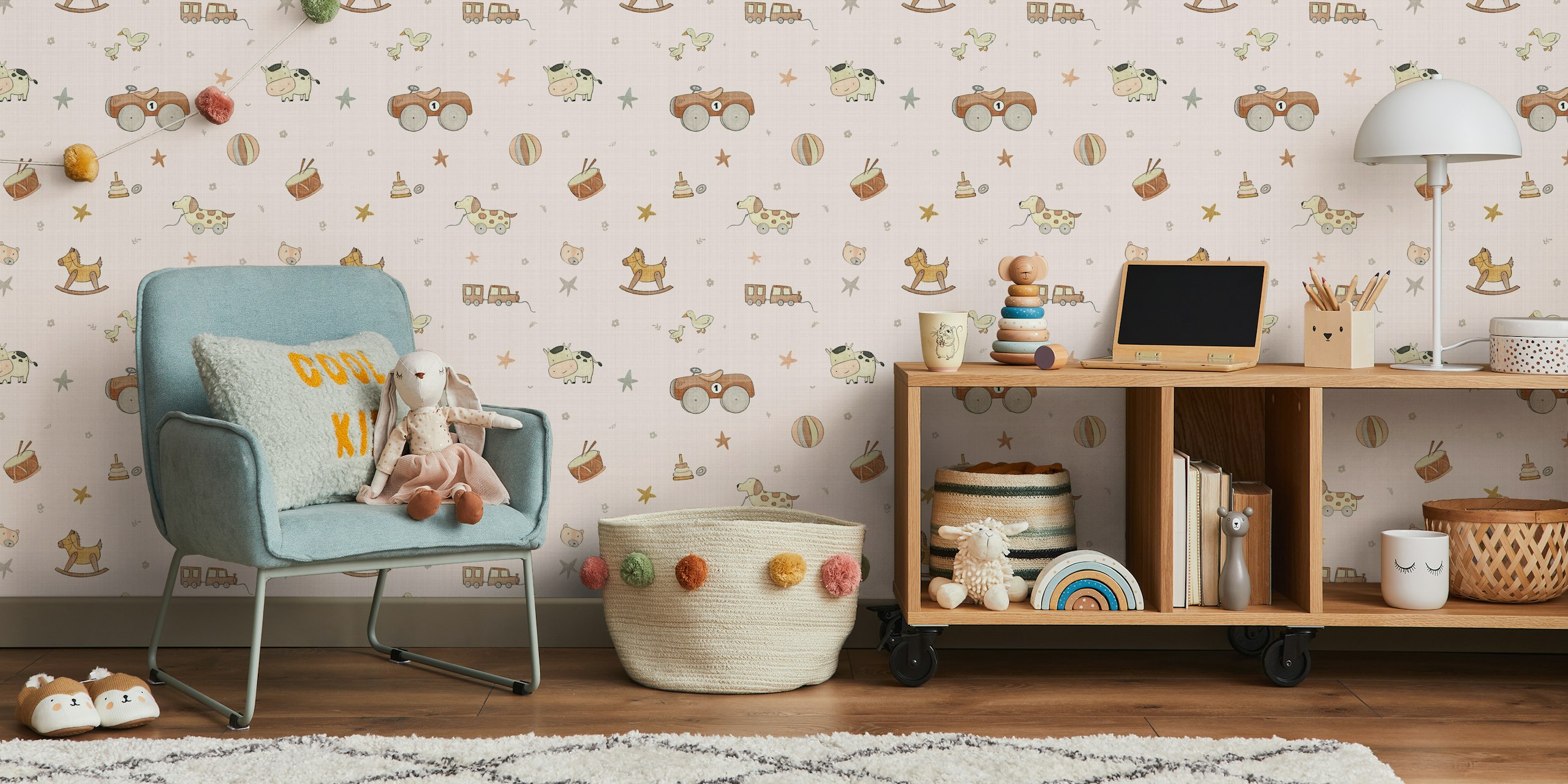 Playful nursery wallpaper with toys and animals