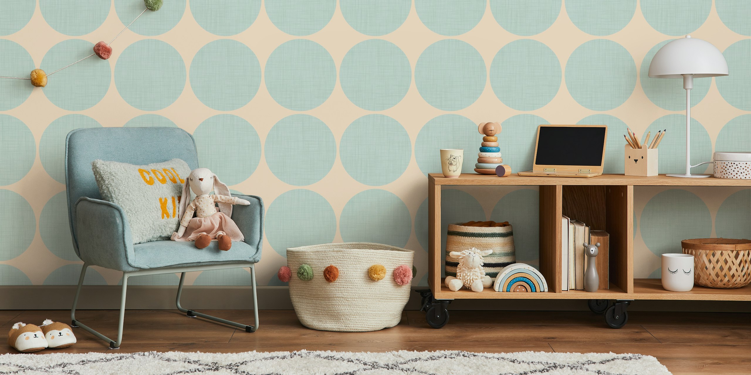 Modern baby blue retro spheres wallpaper in a room