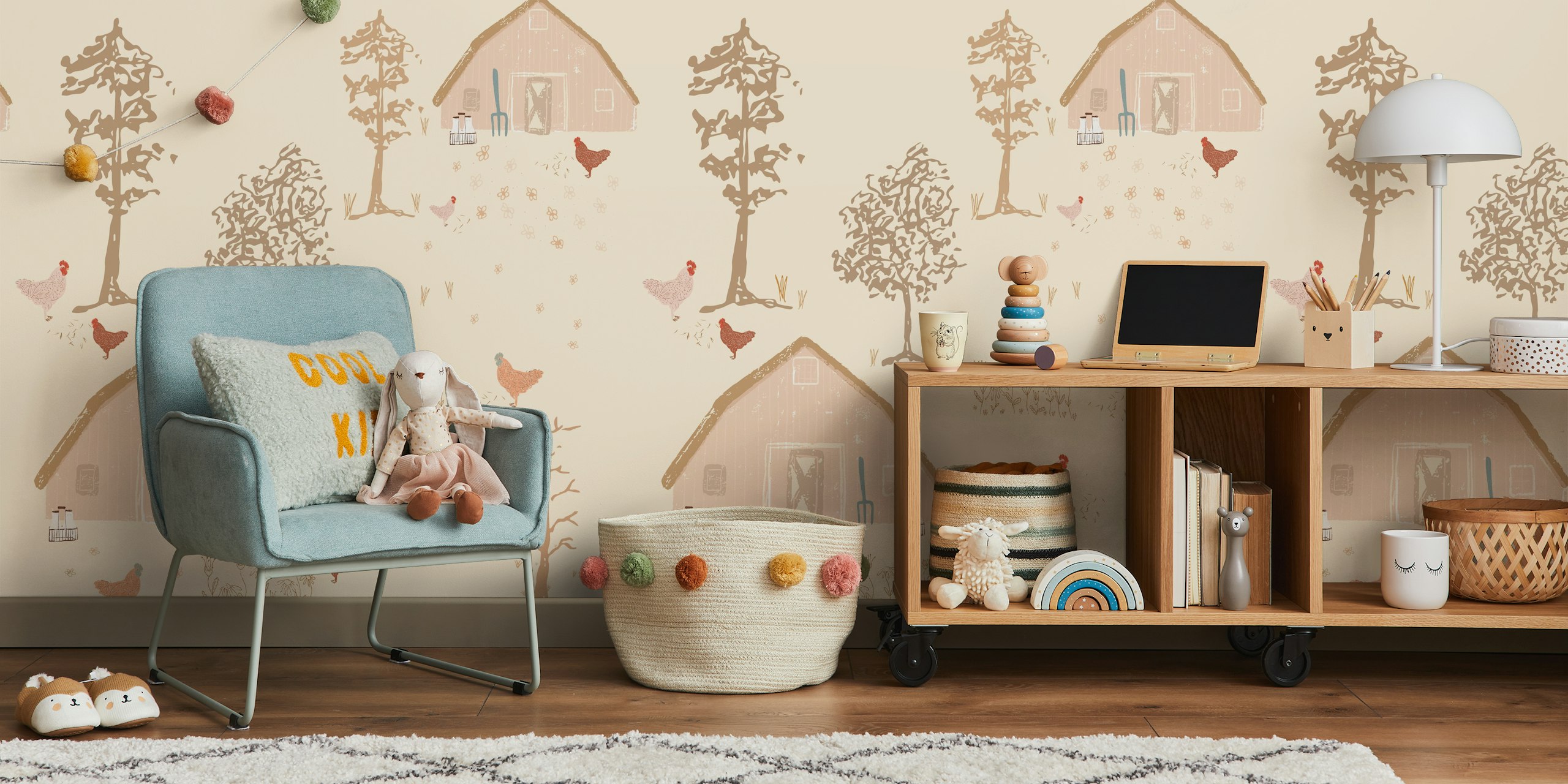 Rustic farmhouse design with barns, chickens, and trees wallpaper