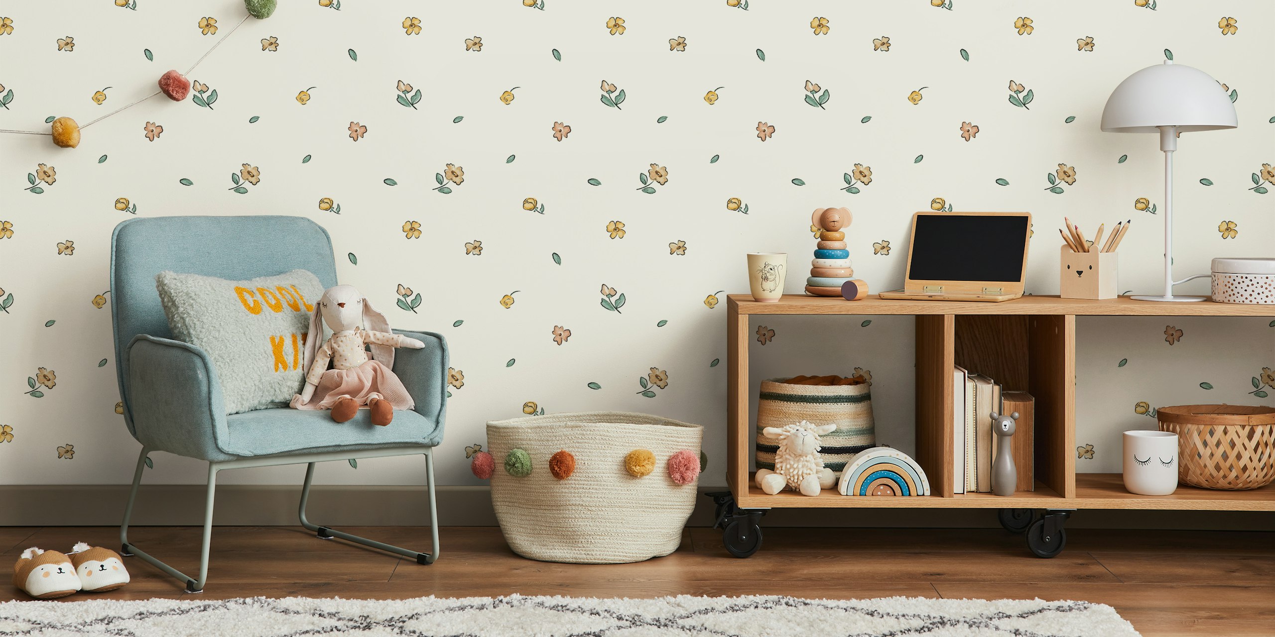 Vintage floral design with yellow and peach flowers and green leaves on cream wallpaper