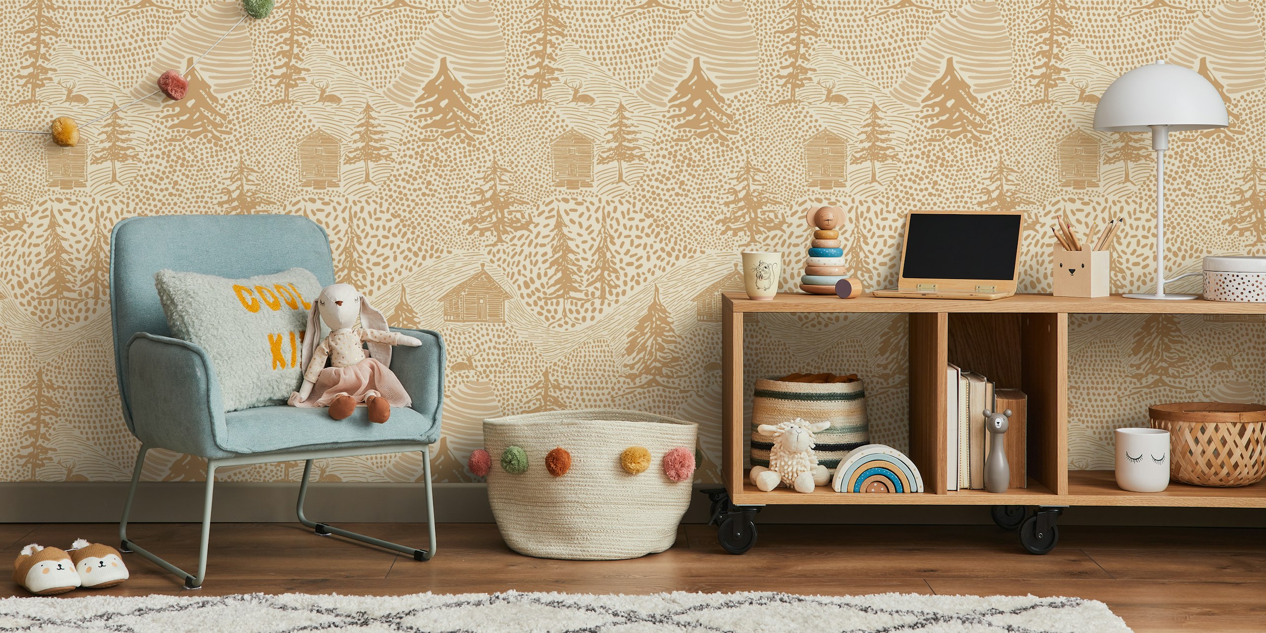 Rustic cabin wallpaper featuring trees and cabins in earthy tan colors