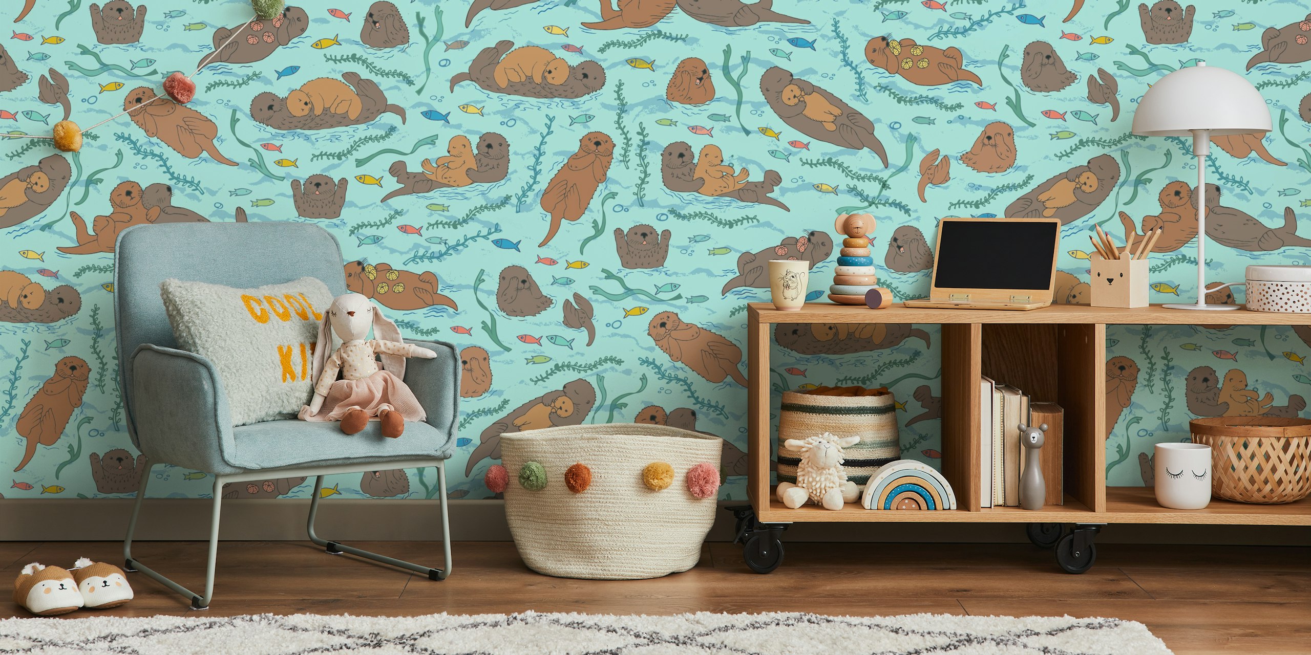 Sea Otters behang in een kamersetting