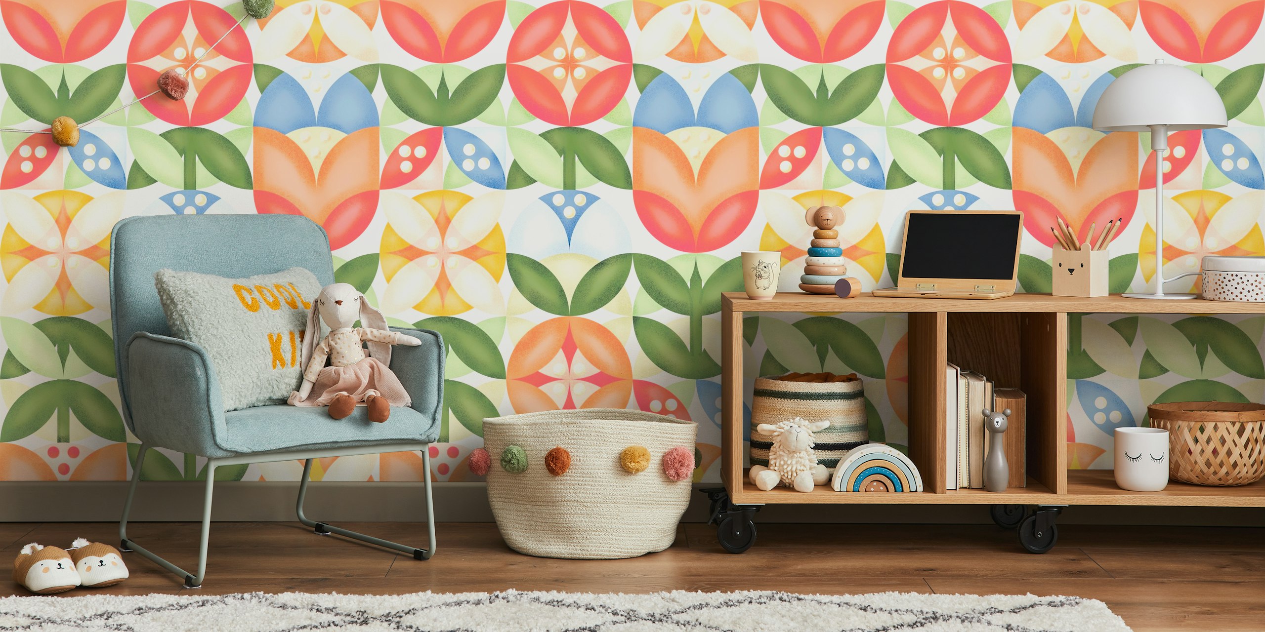 Mid-Century vibrant flower wallpaper in a room