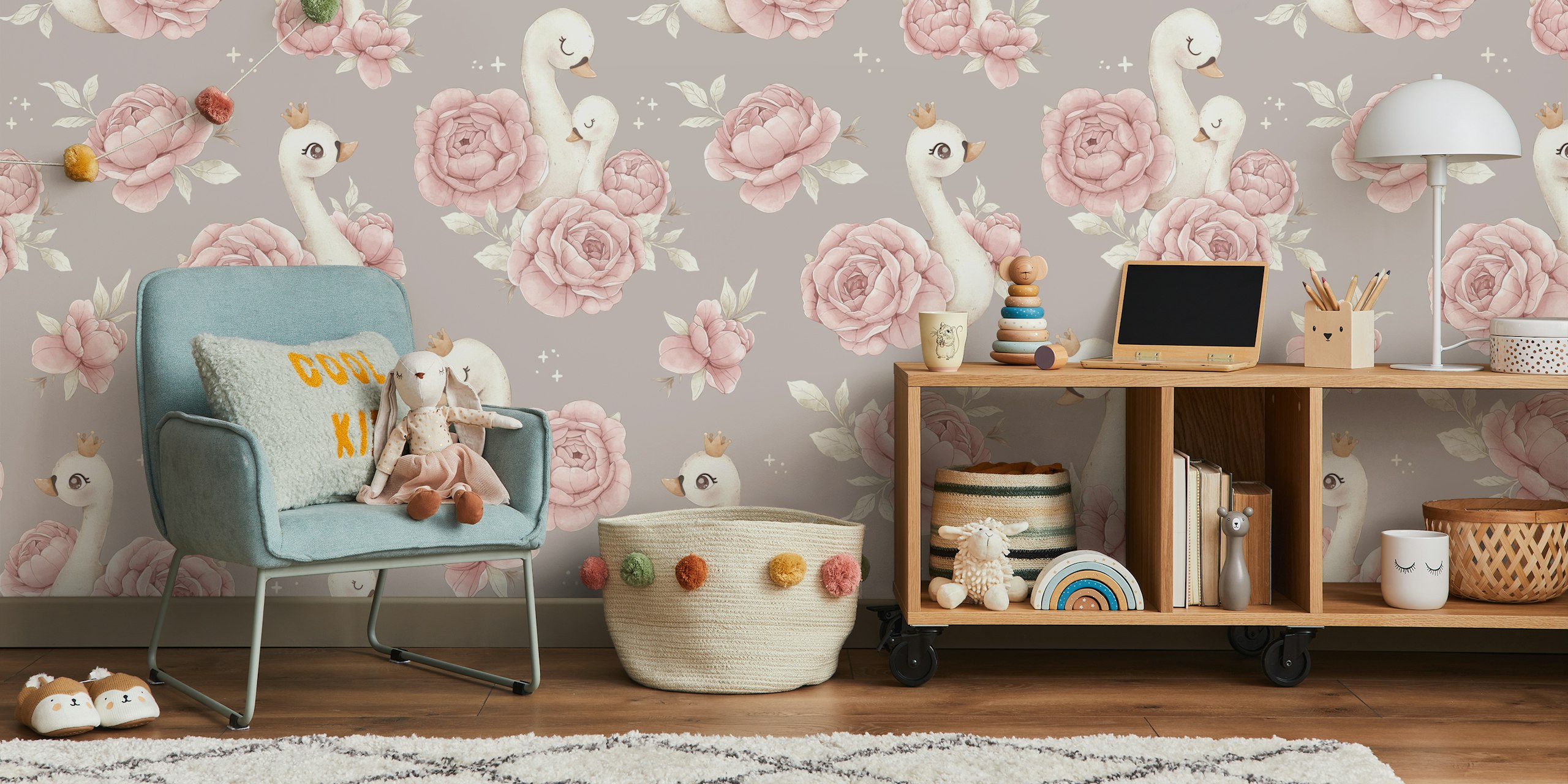 Peony Swan 2 grey wallpaper in a room