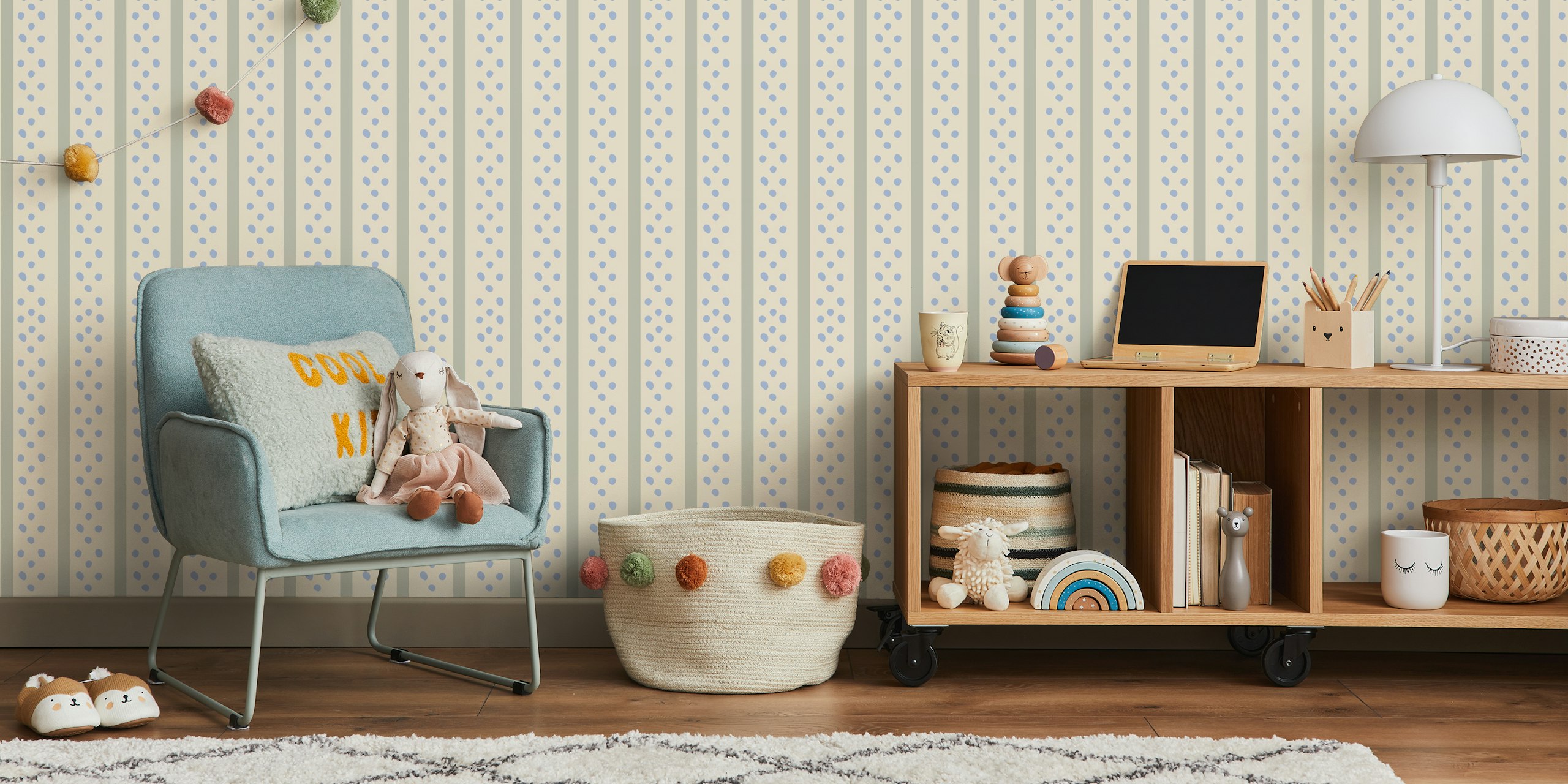 Olive green and blue striped-dotted wallpaper