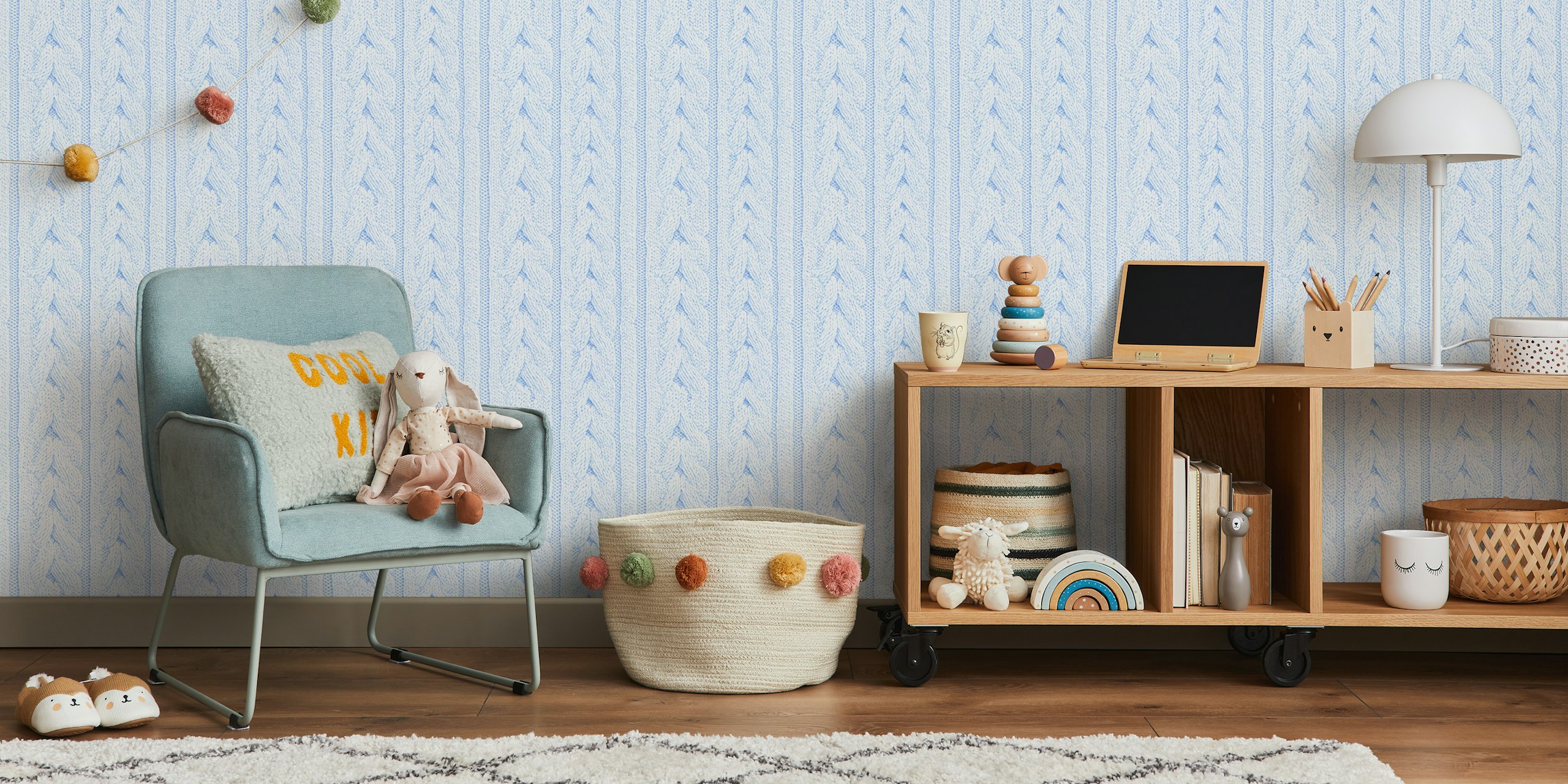 Ταπετσαρία Cozy Blue Knit Texture σε ένα δωμάτιο