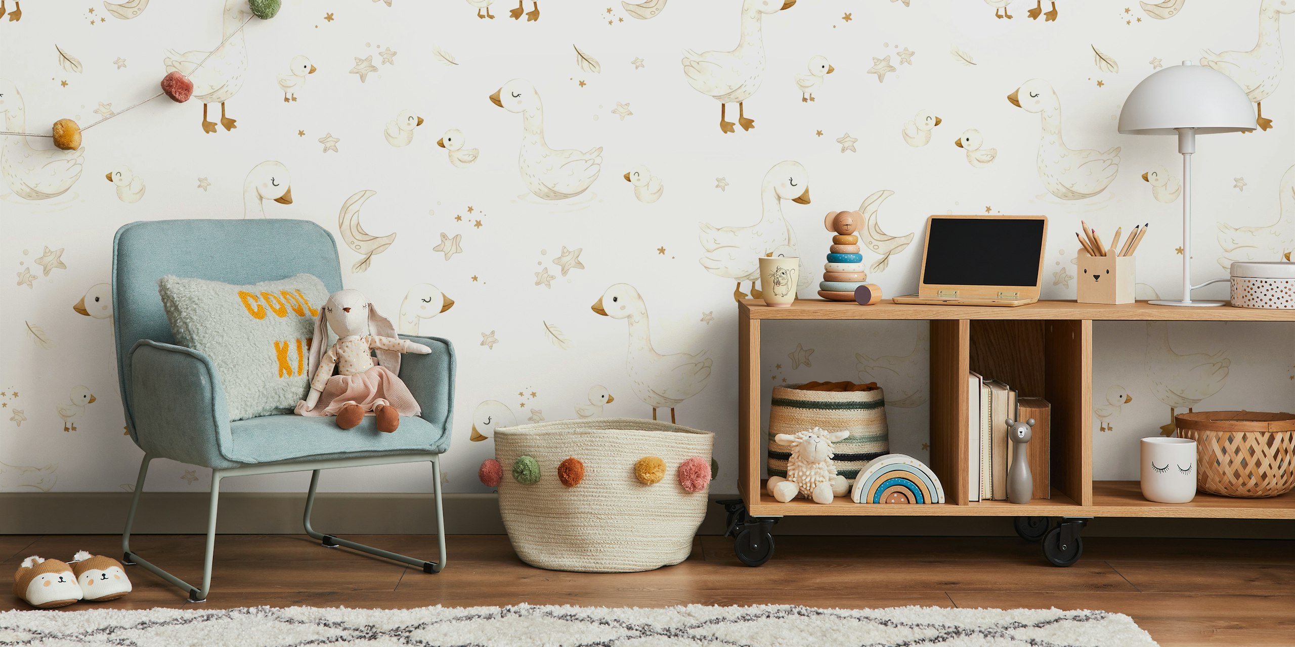 Design de papel de parede Little Geese em um quarto