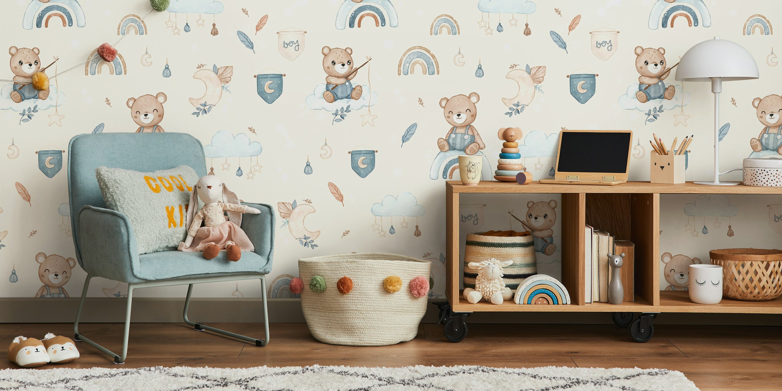 Cute bear illustrations with rainbows and clouds in muted beige tones wallpaper