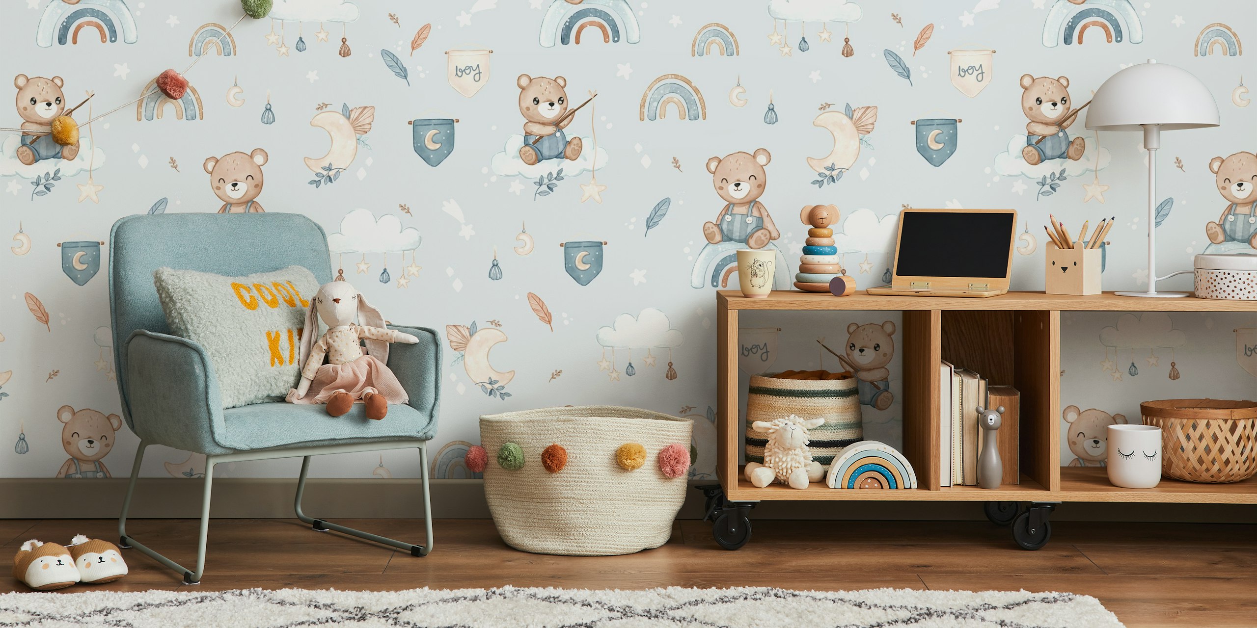 Boho Bear blue wallpaper in a room