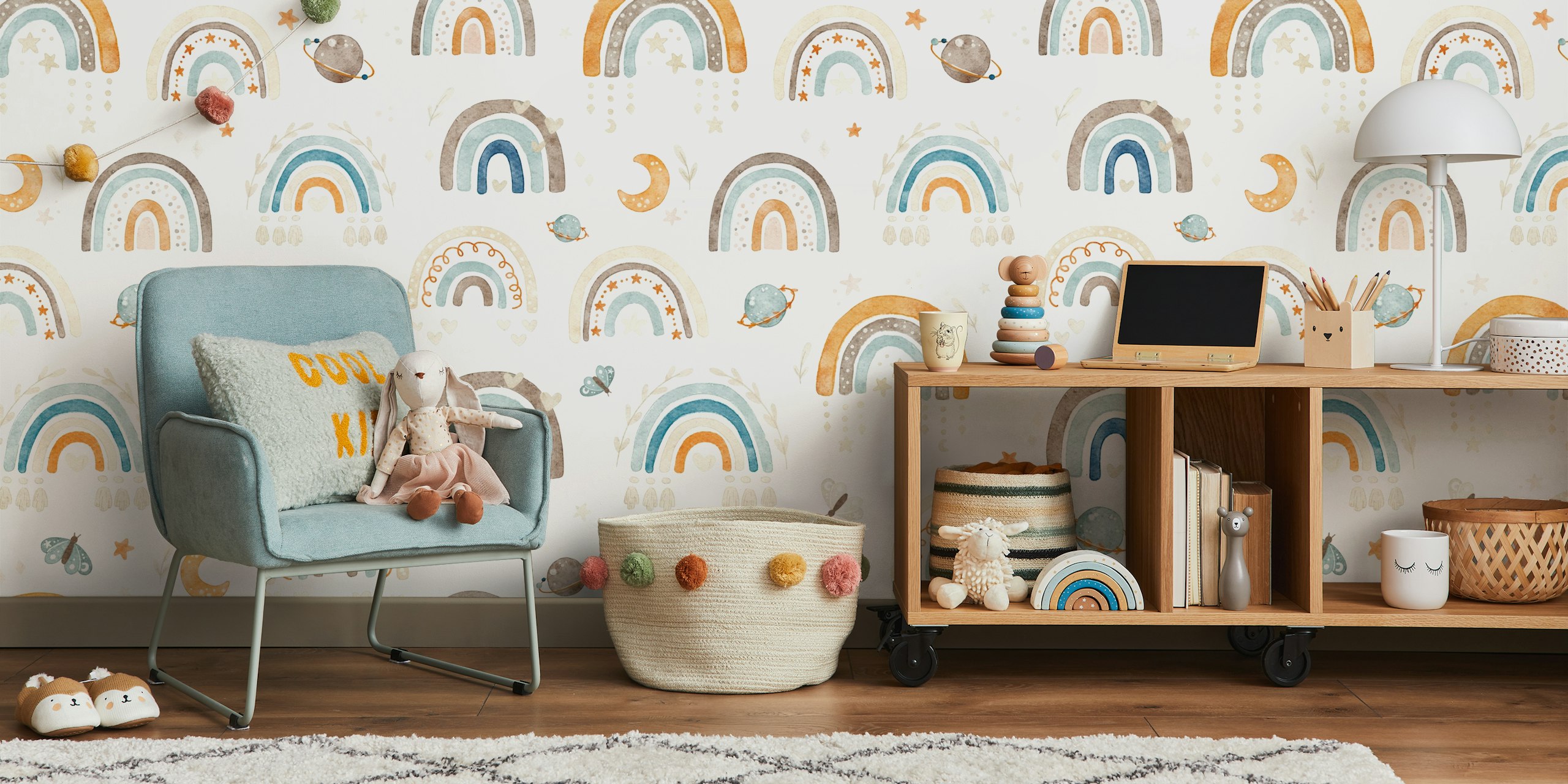 Boho rainbow pattern with blue, orange, and gray elements wallpaper