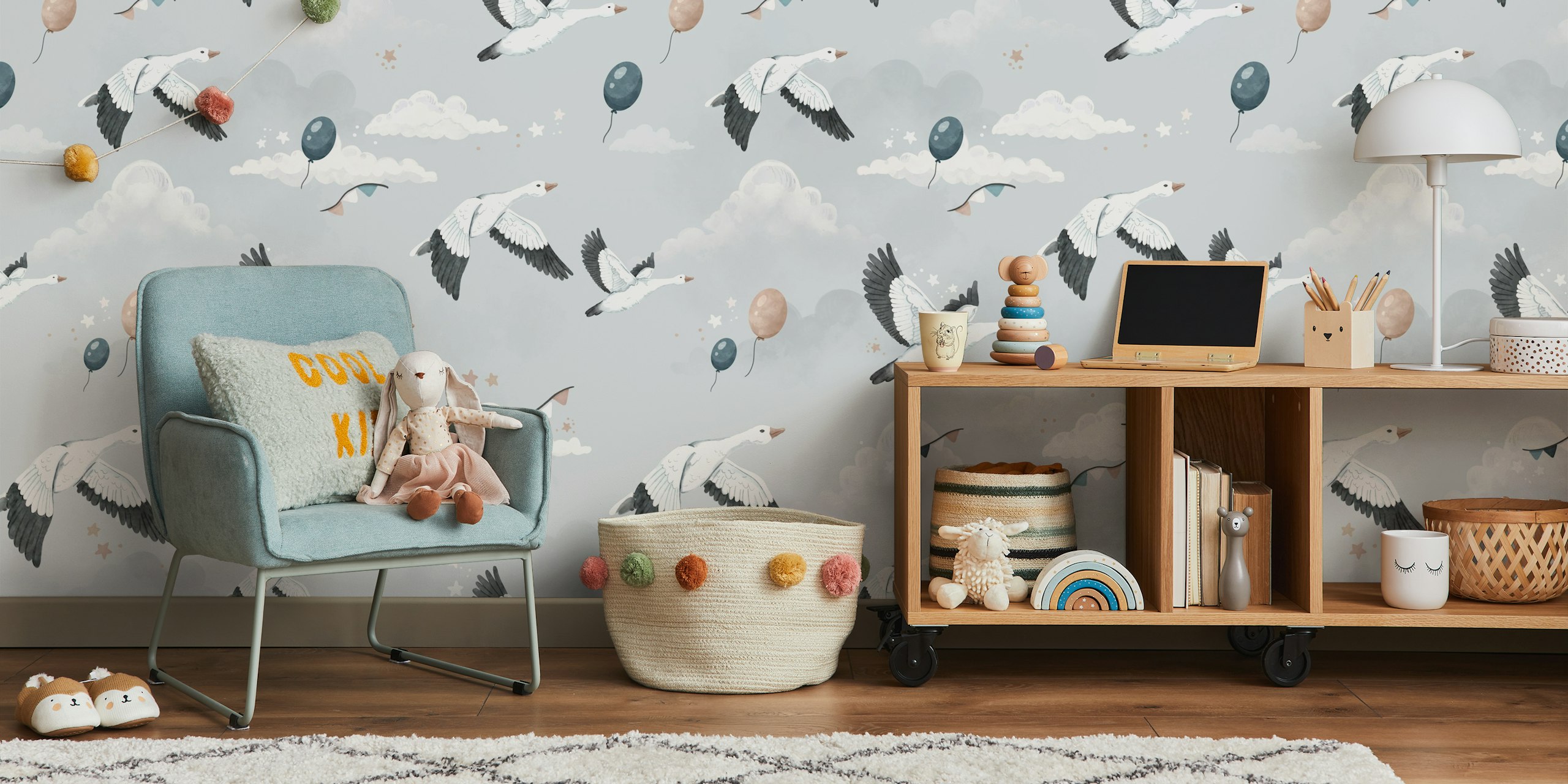 Flying geese and balloons against grey backdrop wallpaper
