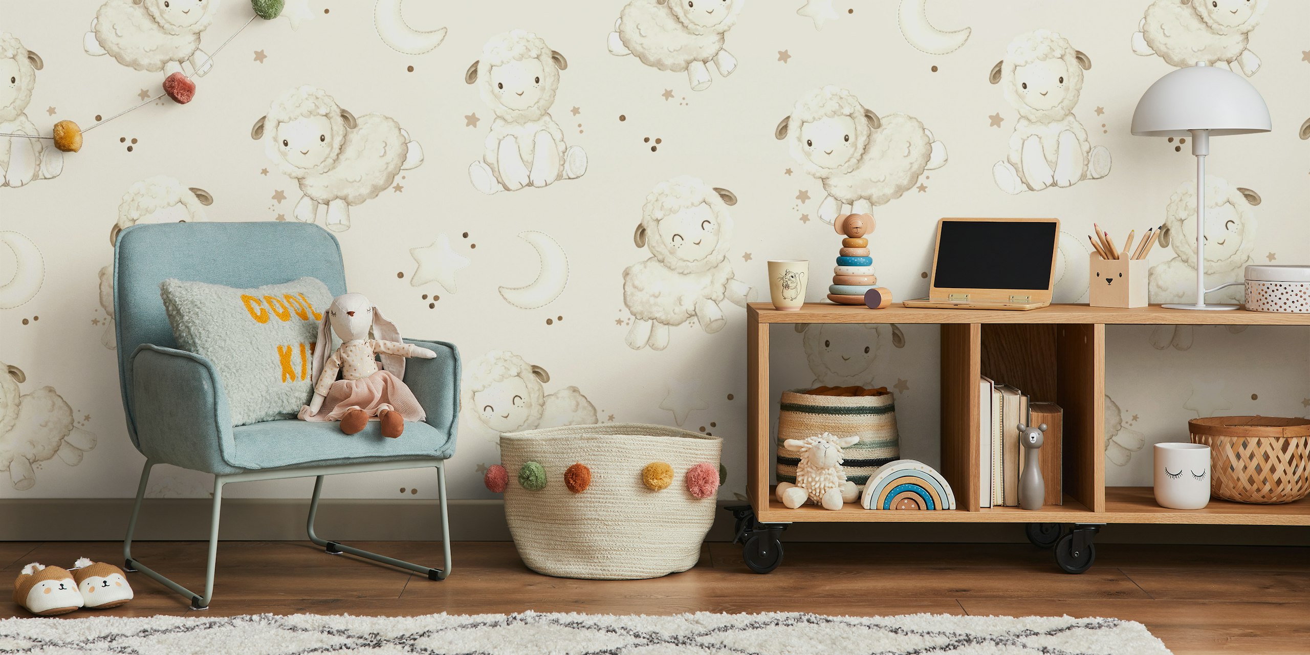 One Two Sheep Beige wallpaper in a room