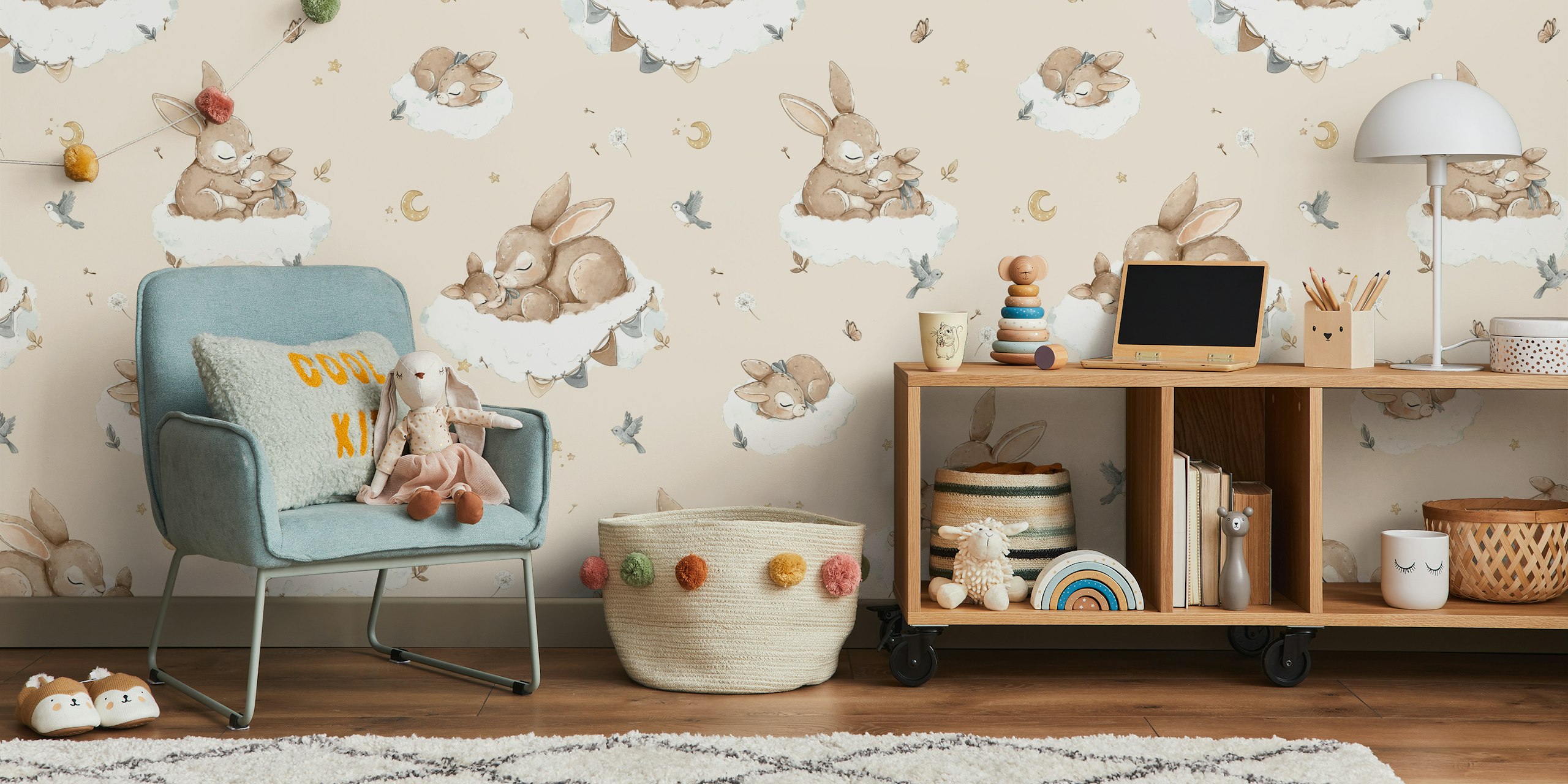 Cloudy Snuggles beige wallpaper in a room