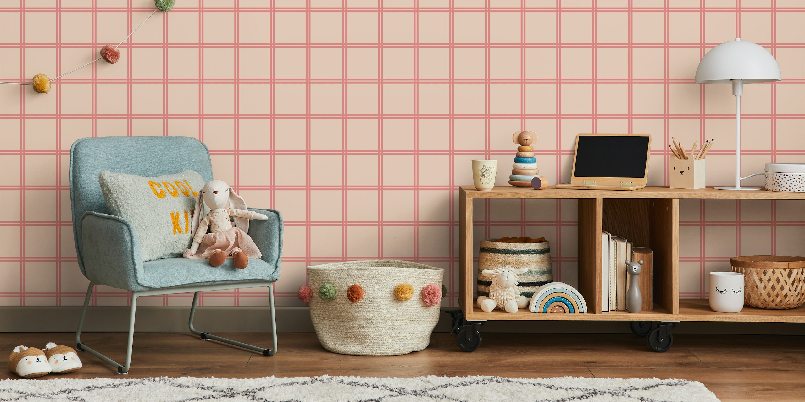 Salmon pink plaid wallpaper in a room