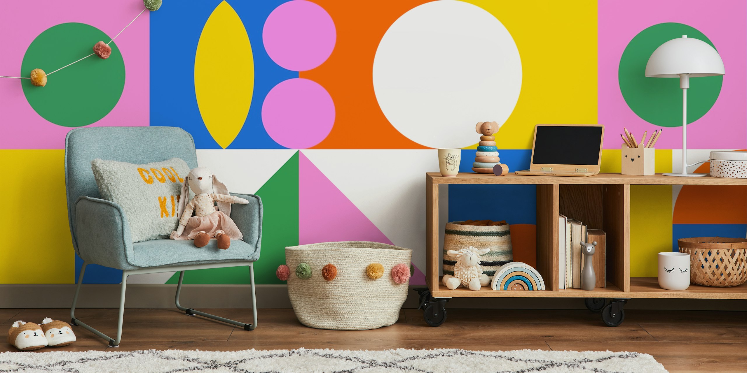 Colorful geometric shapes in pink, blue, green, yellow wallpaper