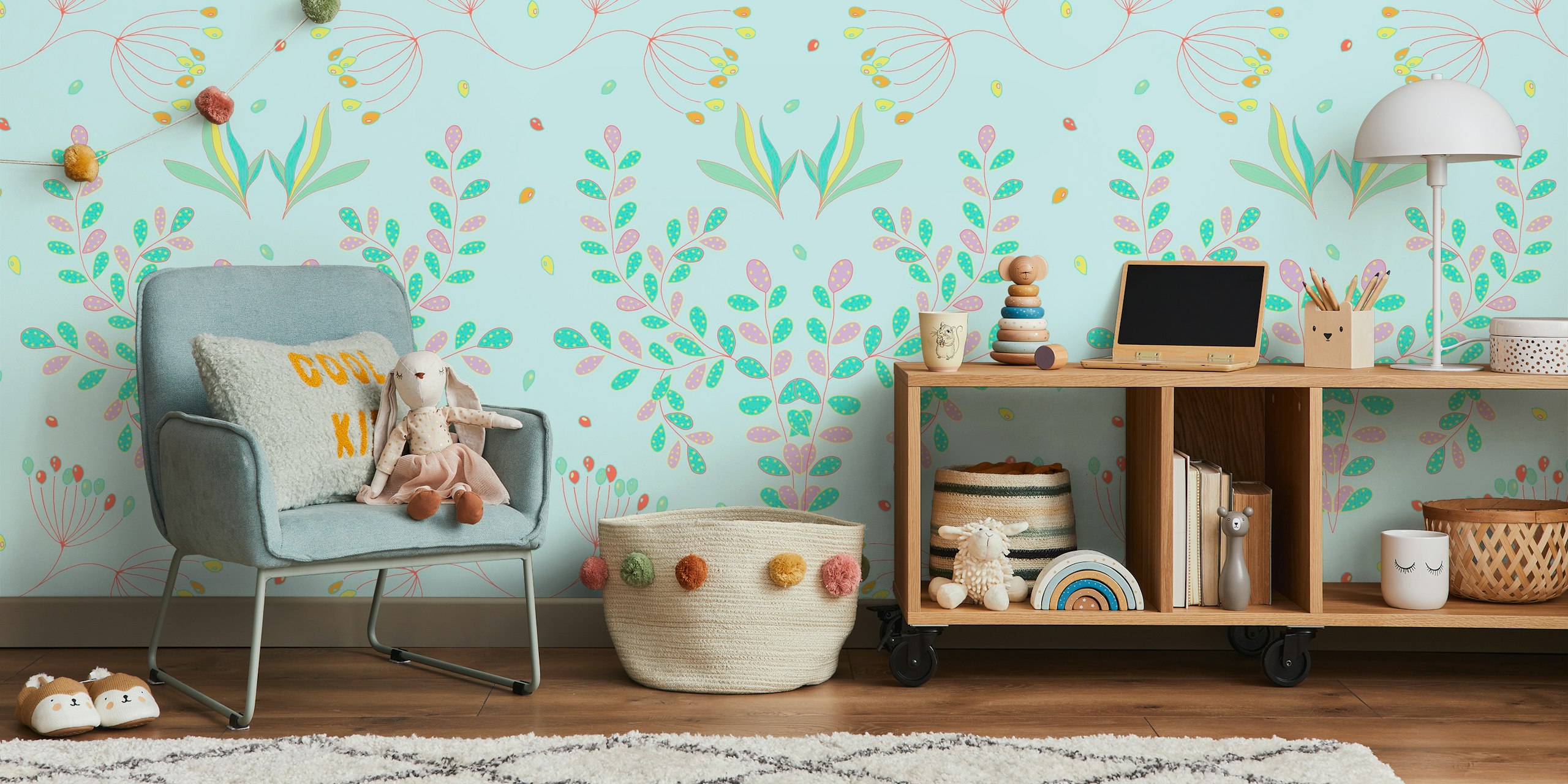 Light blue floral wallpaper featuring green and pink botanical patterns