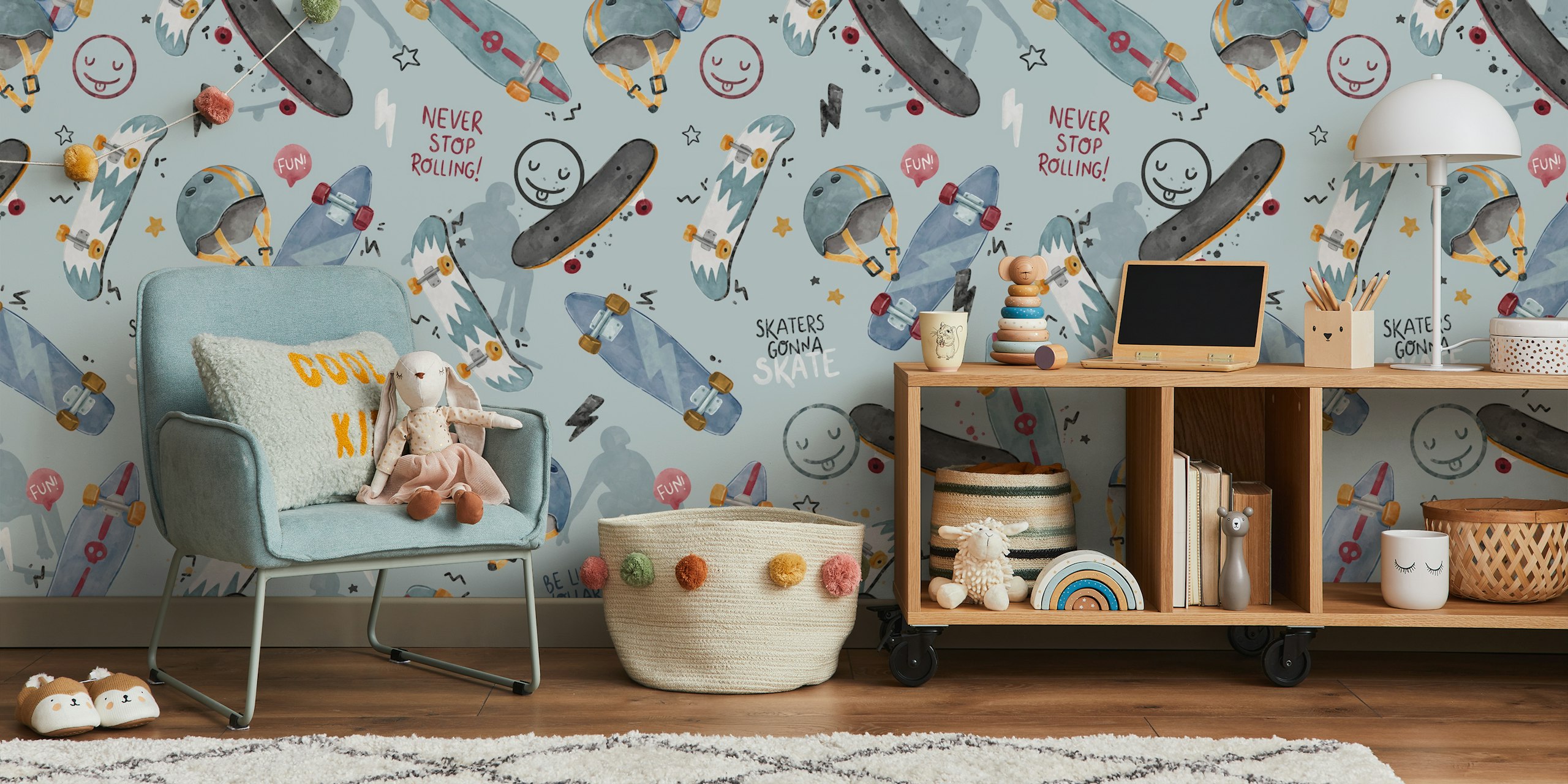 Playful skateboards and characters on blue background wallpaper