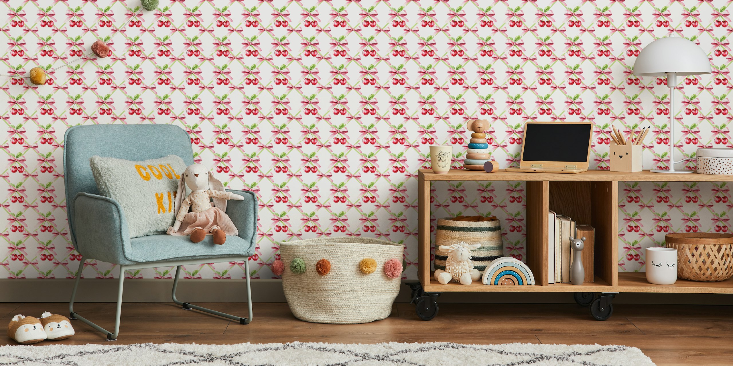Pink Vintage Berry Bow Bliss wallpaper in a room