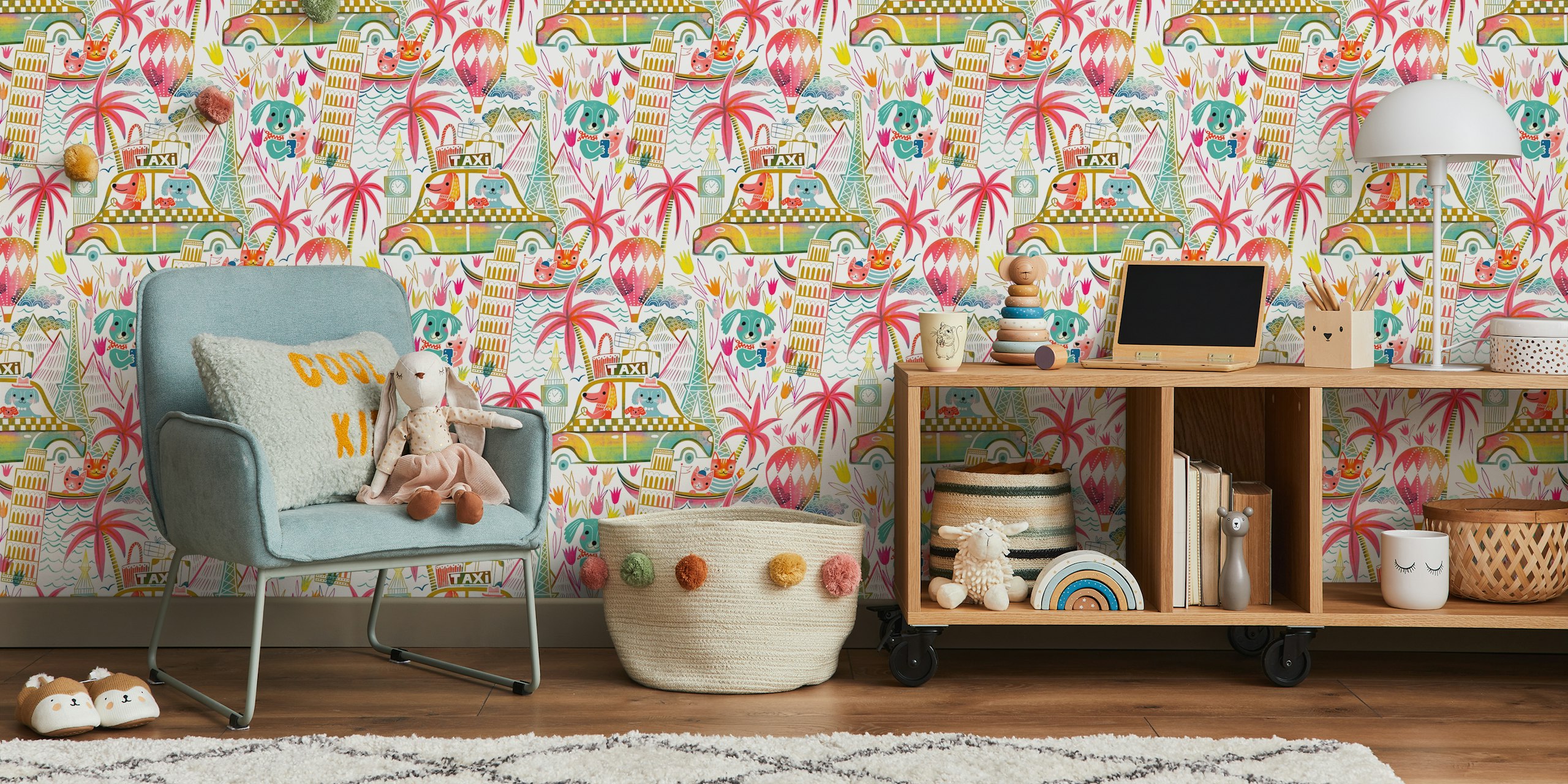 Colorful cats and dogs wallpaper in a cozy room