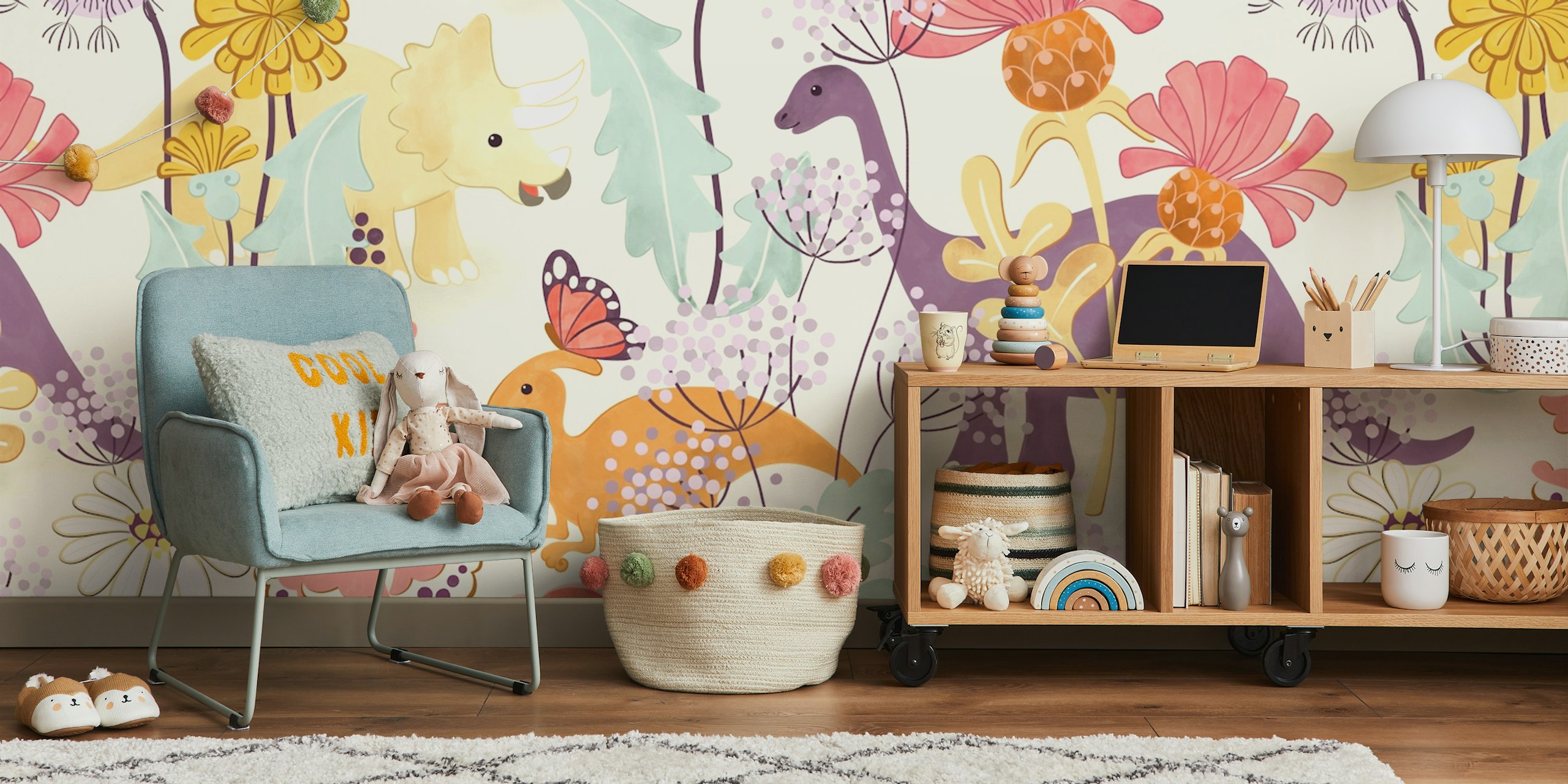 Dinosaurs and wildflowers wallpaper design