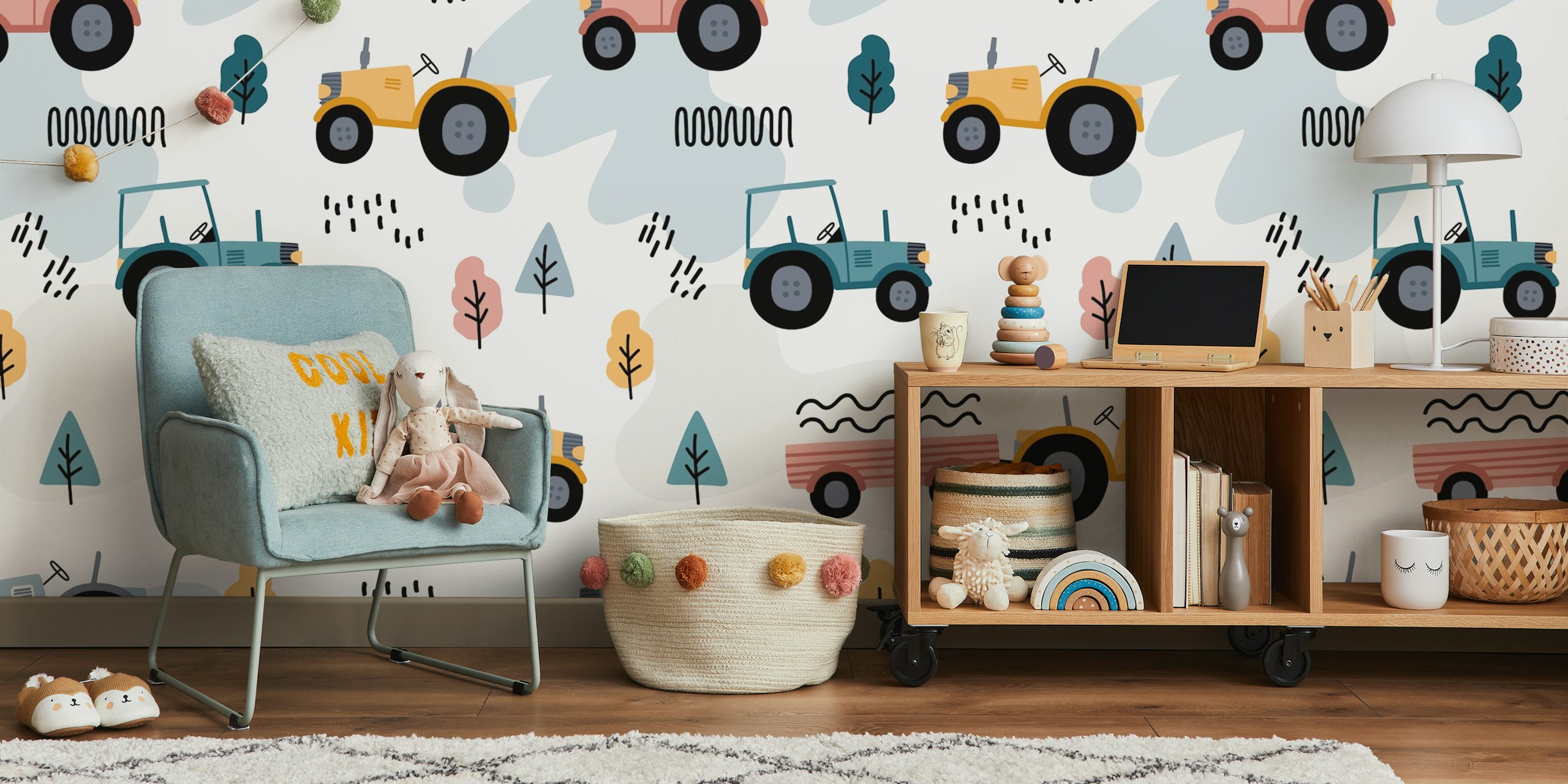 Colorful tractors on a white background with trees and abstract shapes wall mural