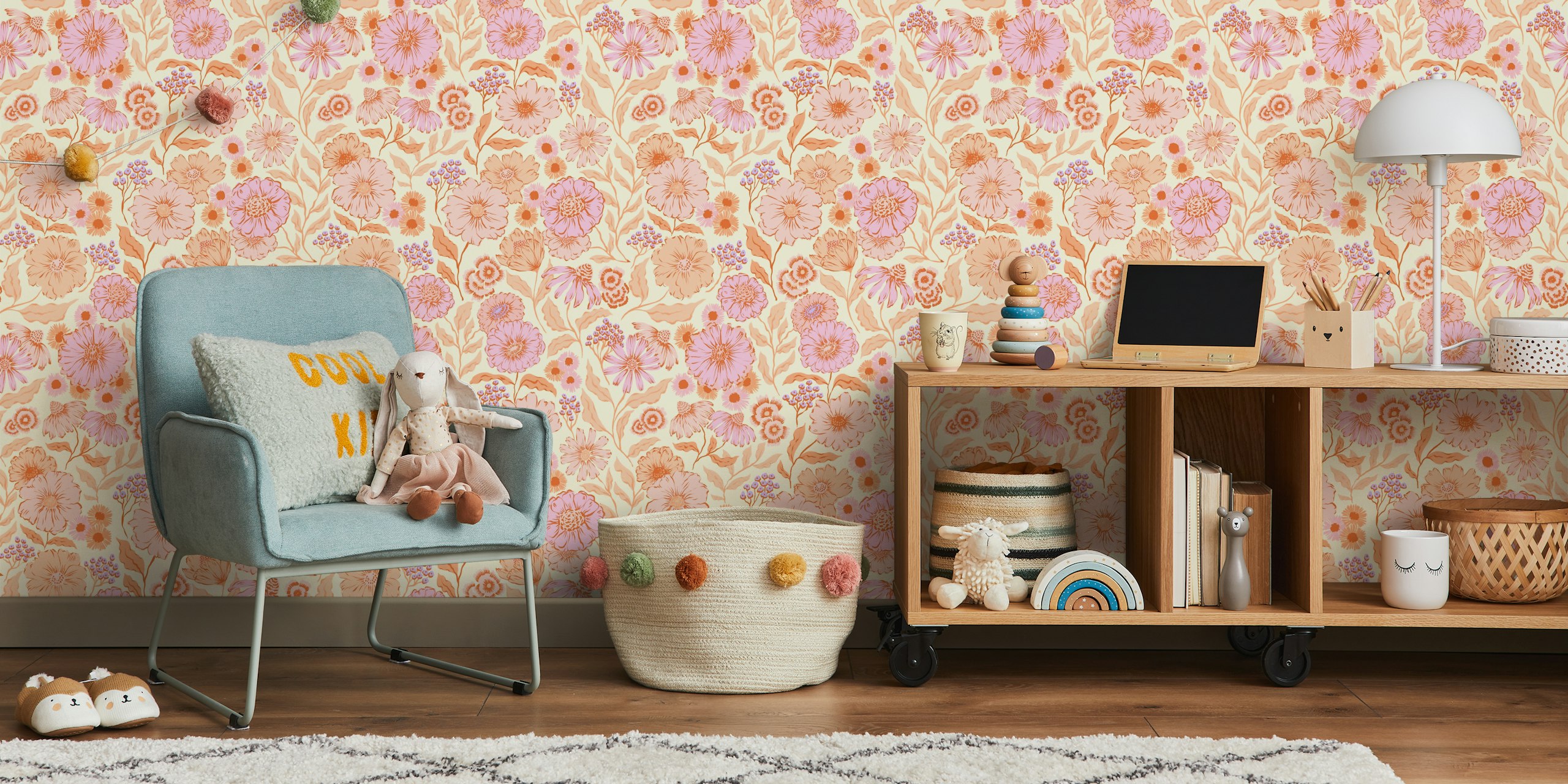 Botanical floral wallpaper in a room