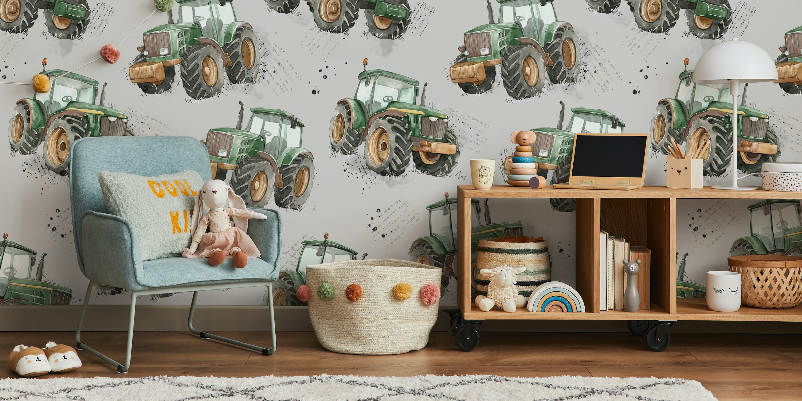Watercolor tractors in green and brown on grey background wallpaper