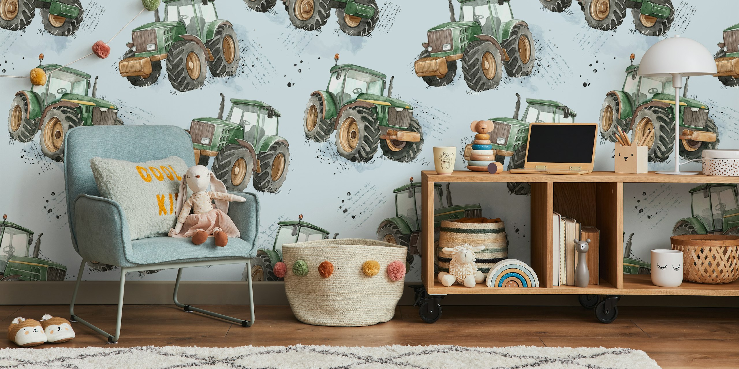Blue watercolor tractors wallpaper in room setting