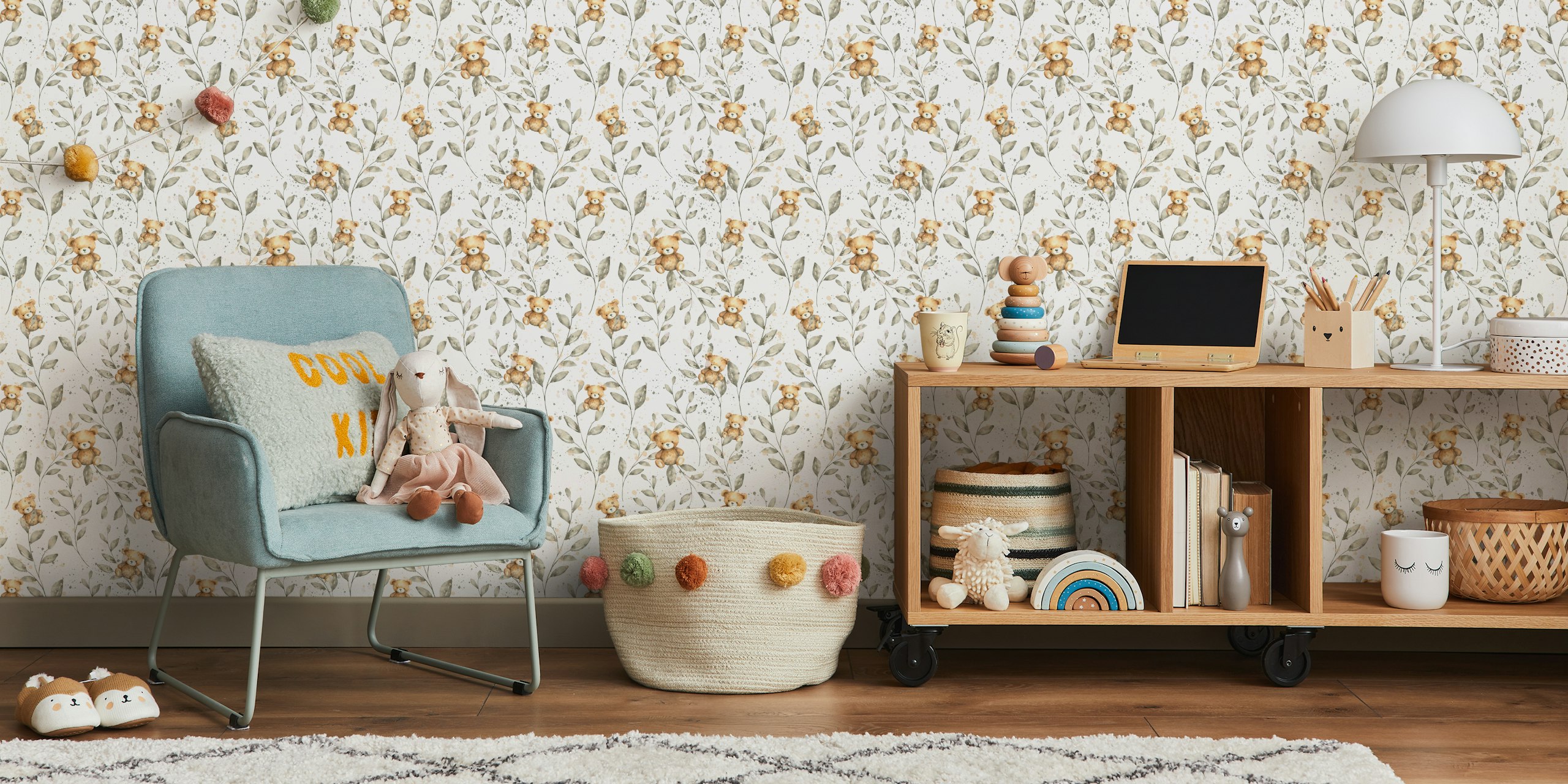 Teddy bears and leaves wallpaper design