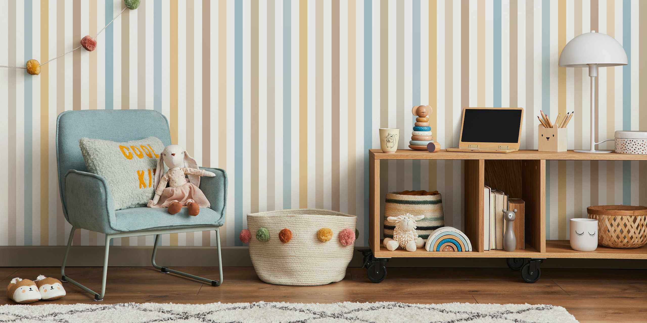 Stripes in pastel colors: blue, beige, and cream wallpaper