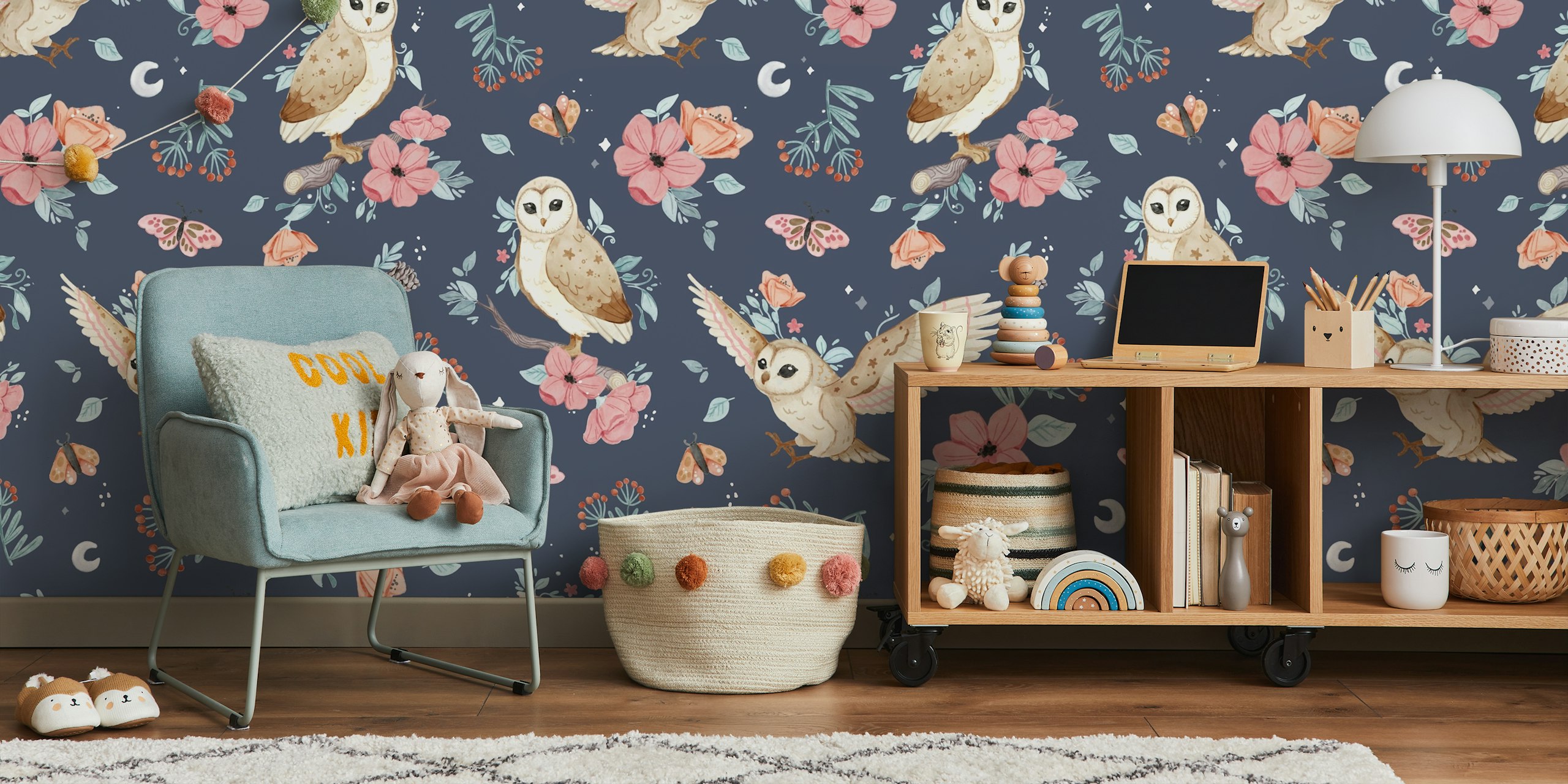 Night Owl navy wallpaper in a room