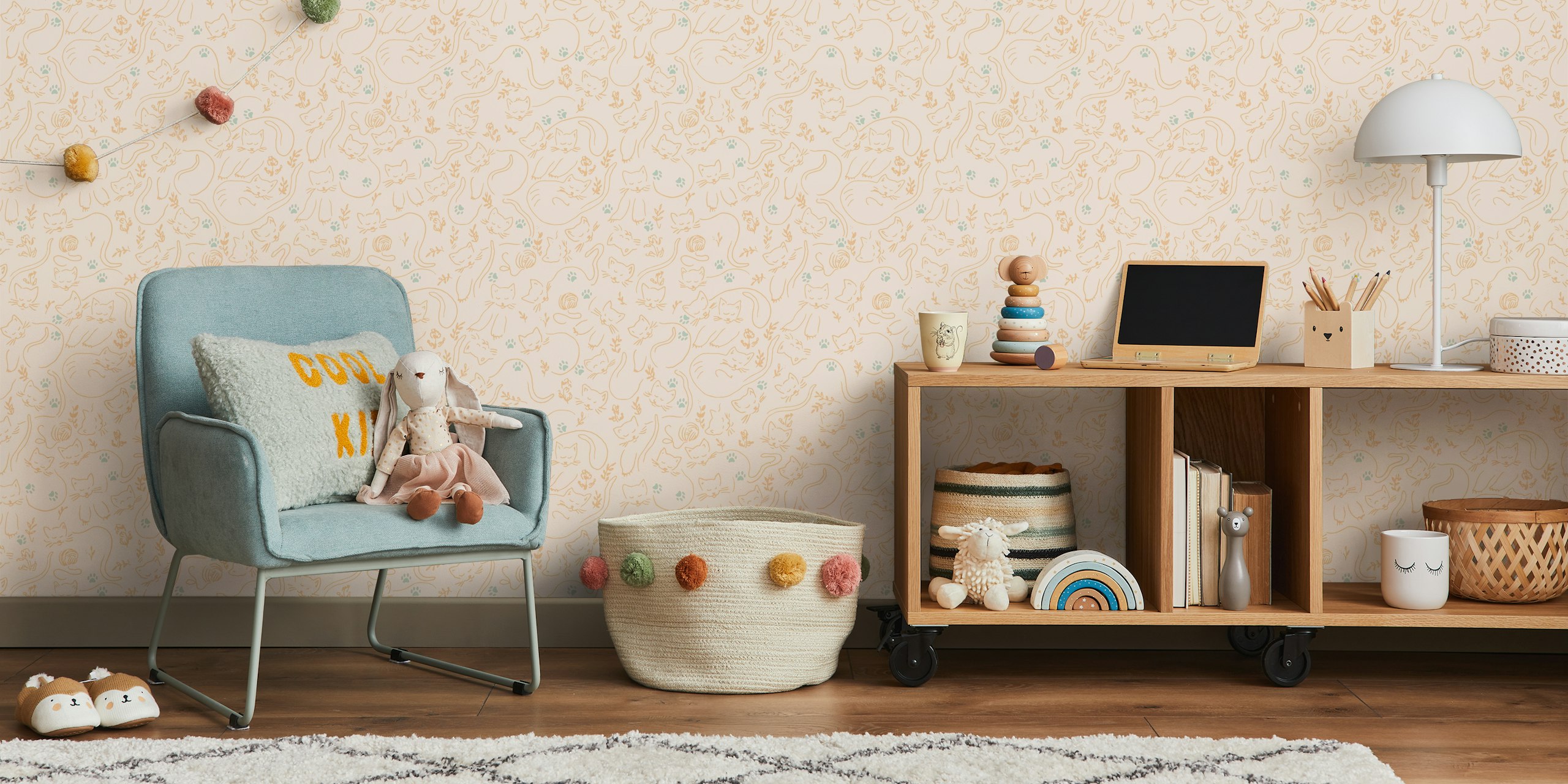 Cute cat companions in soft pink tones with floral accents wallpaper