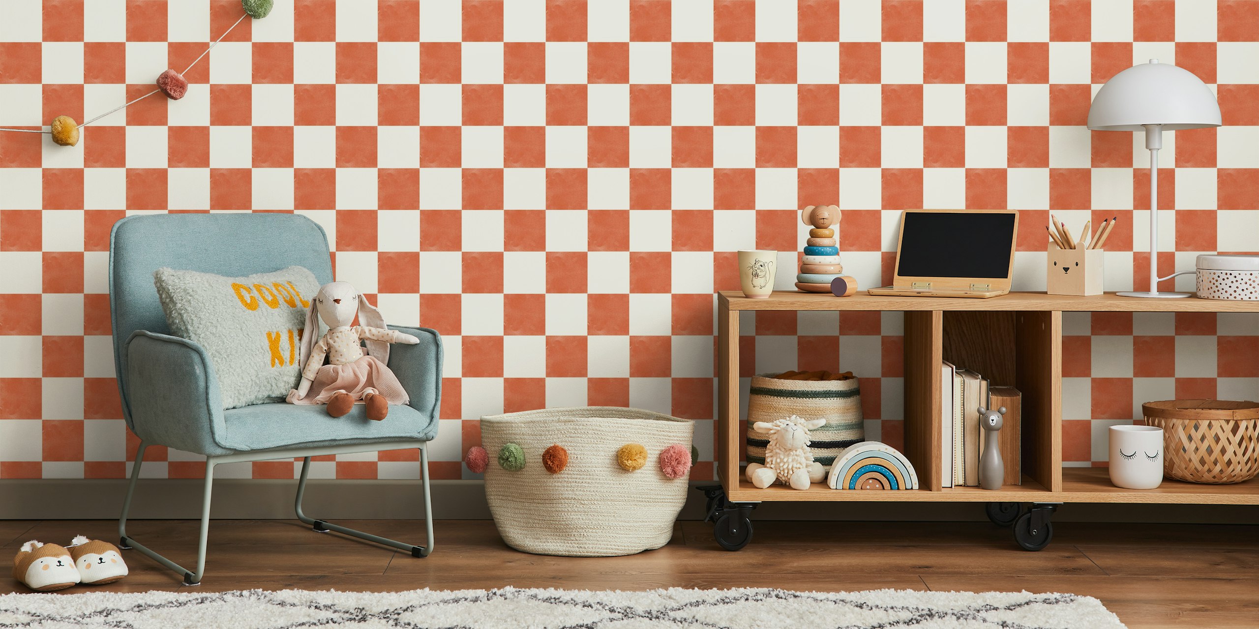 Vintage watercolor red checks wallpaper in a room