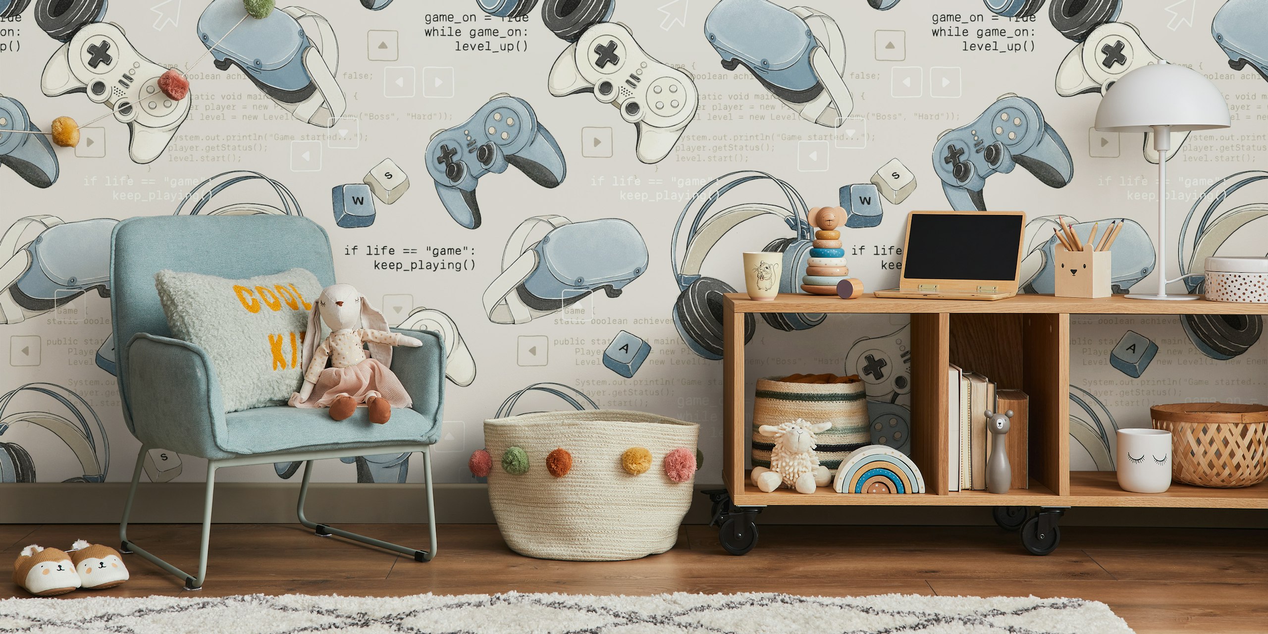 Game Mode: On cream blue wallpaper in a room