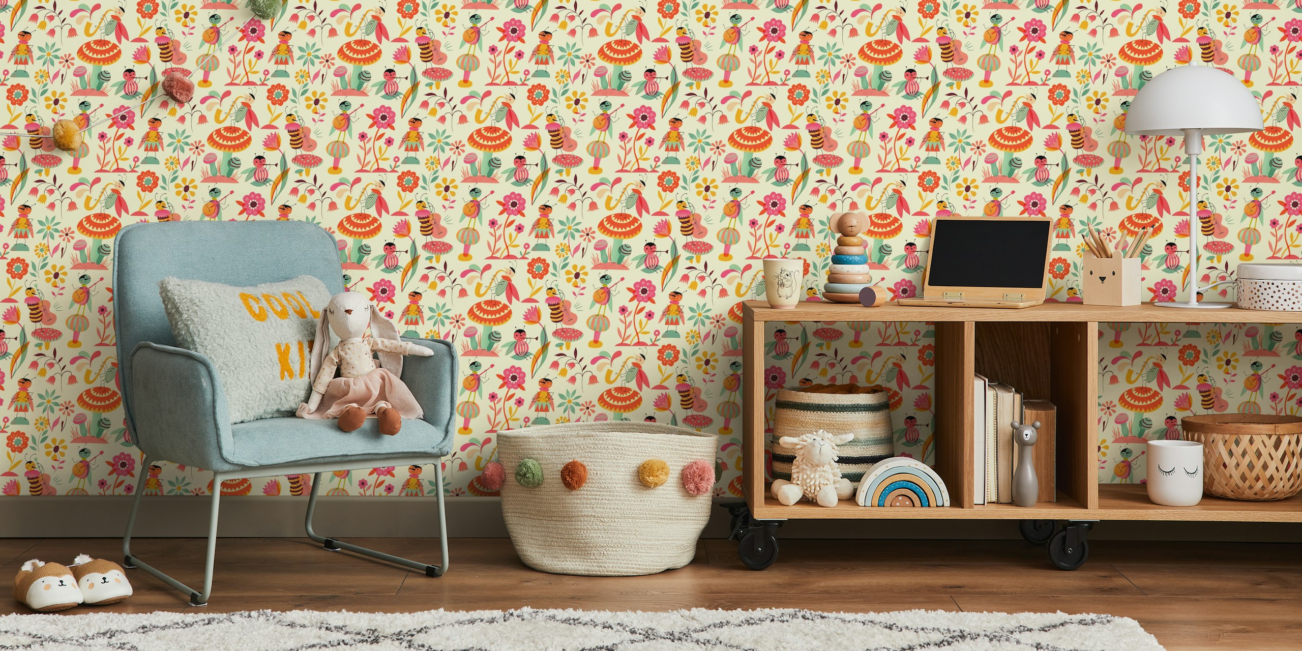 Colorful cartoon insects and flowers on cream background wallpaper