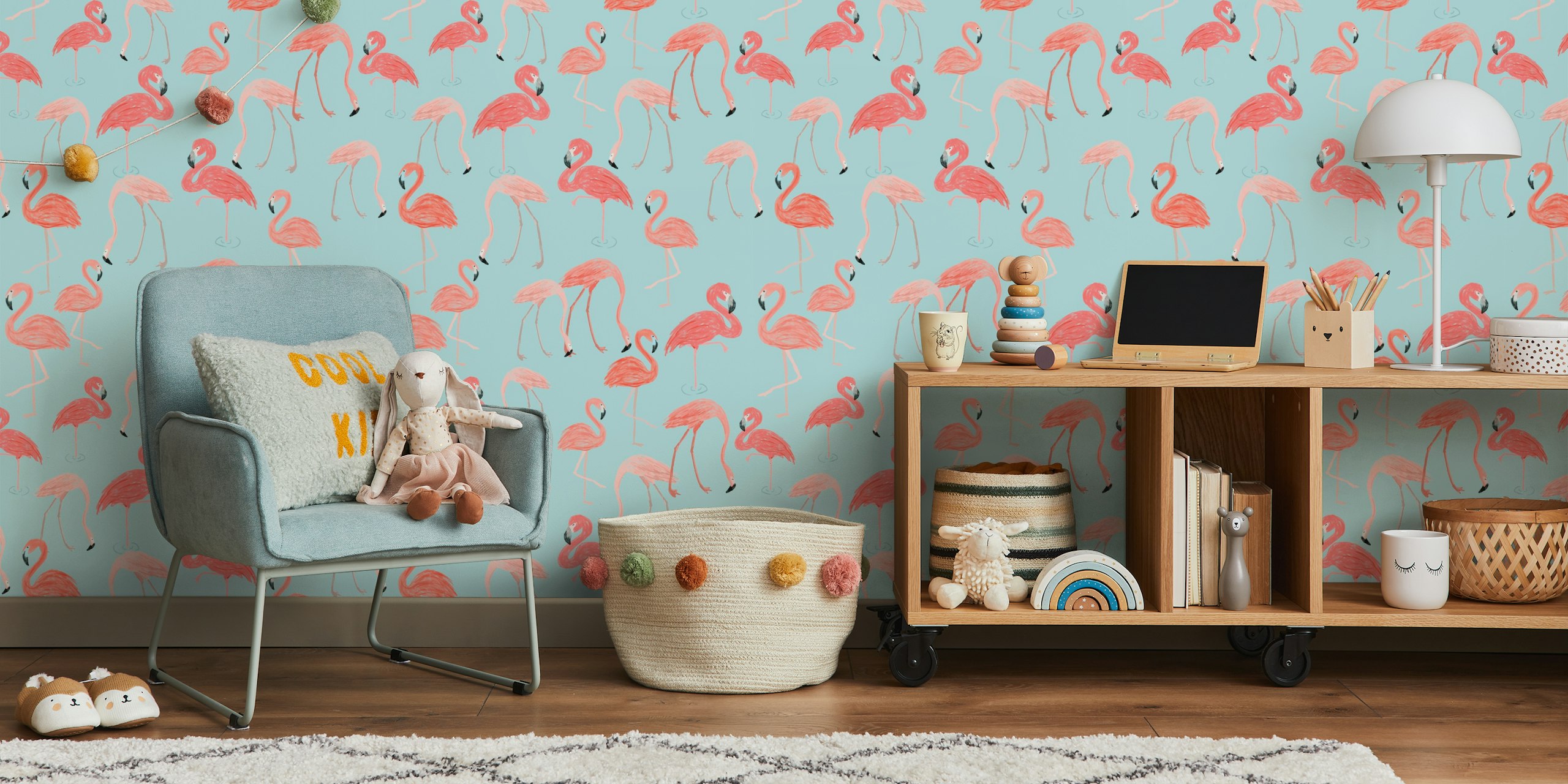 Pink Flamingo Aqua Paradise tapetti huoneessa