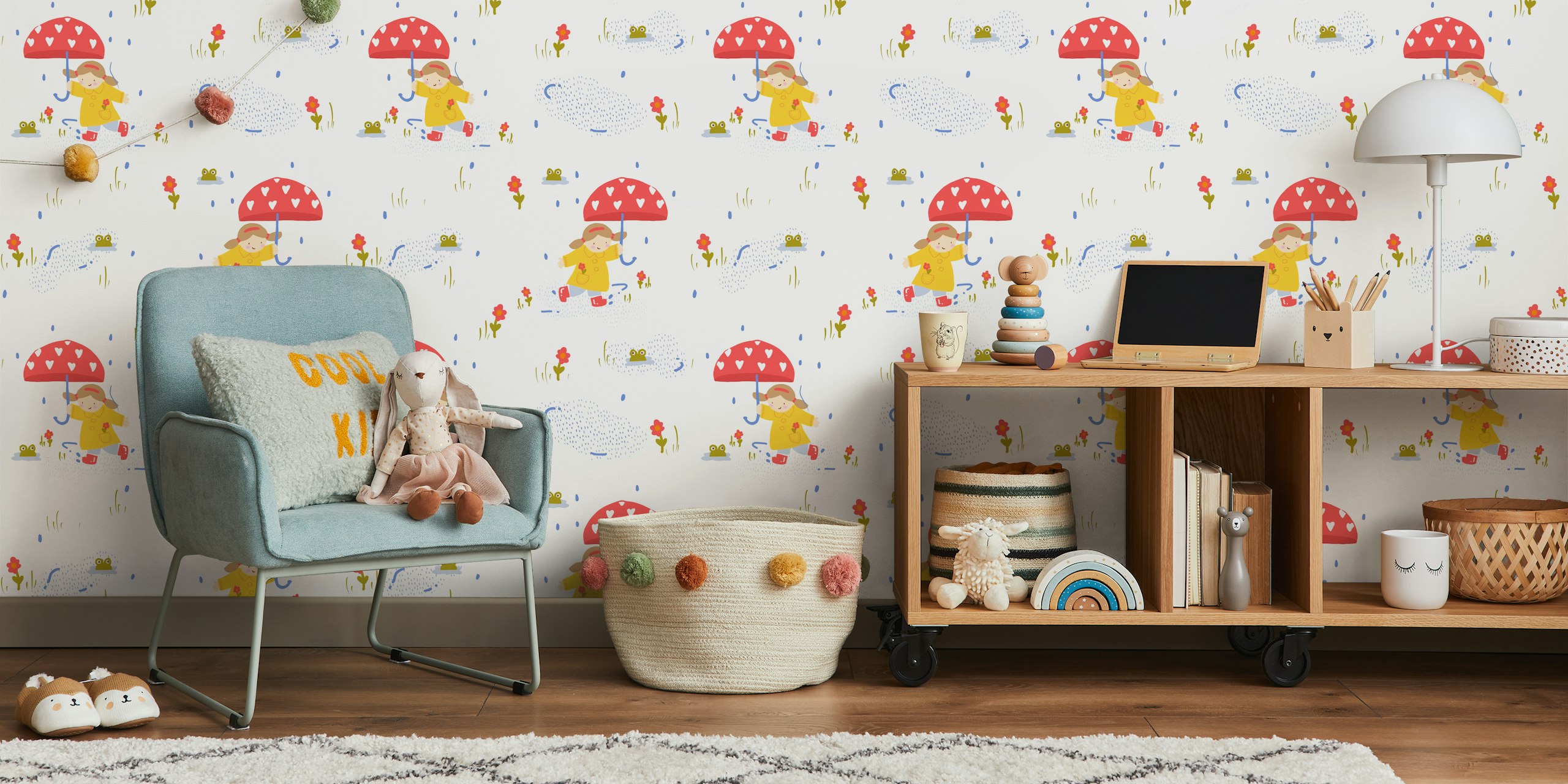 Playful rainy day scene with girl, umbrella, frogs and flowers wallpaper