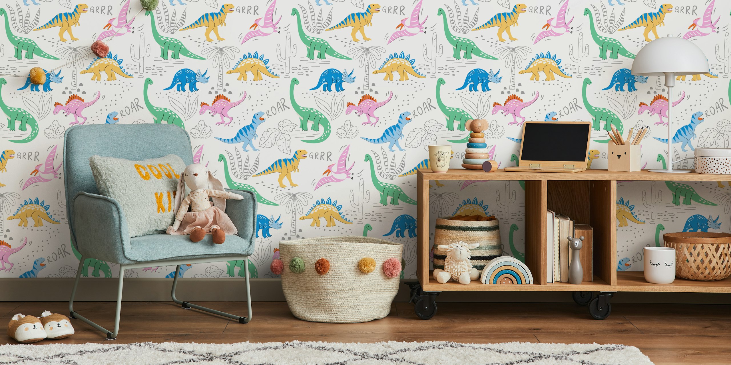 Colorful dinosaur patterns with green, blue, pink, and yellow on white background wallpaper