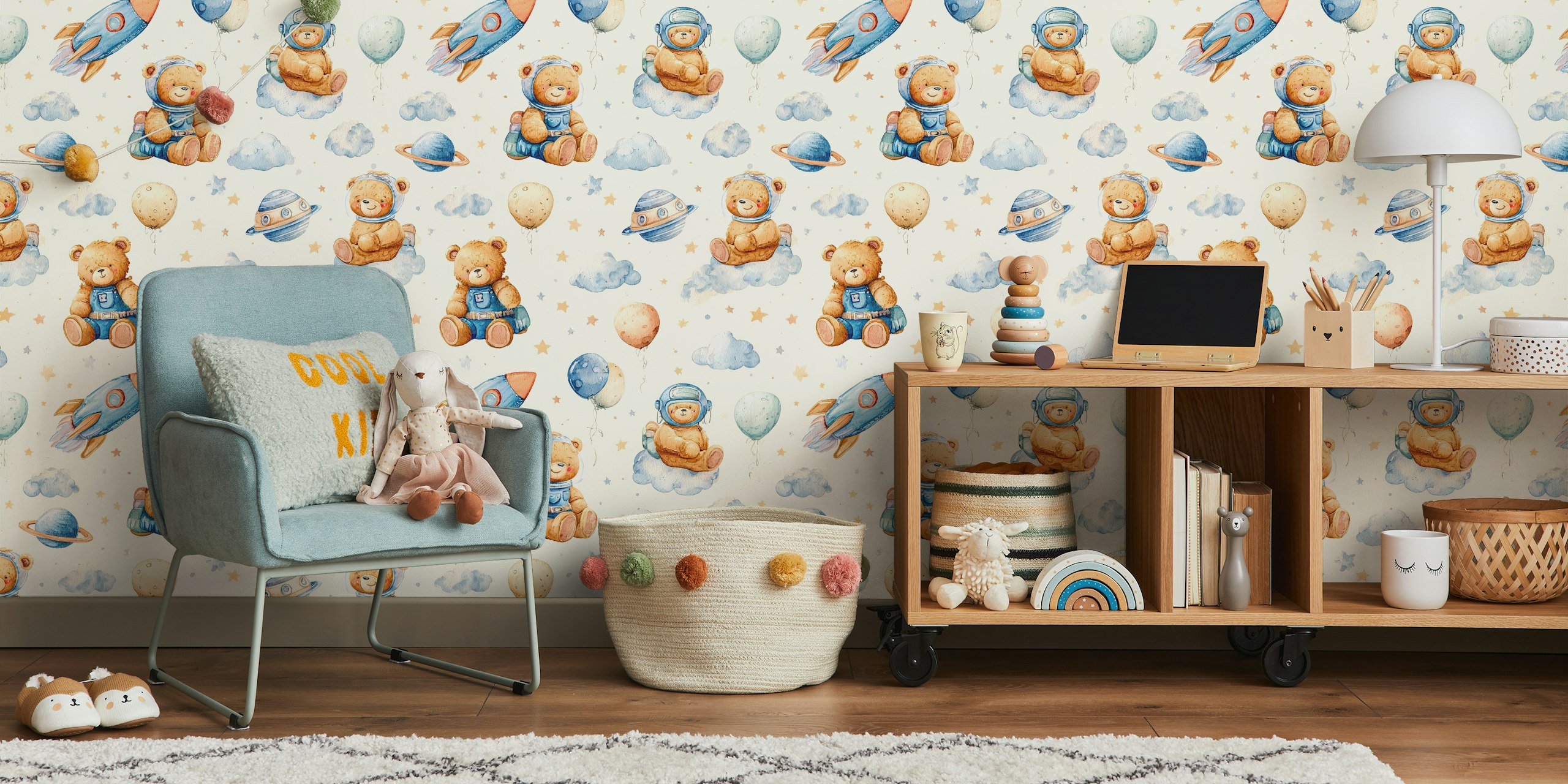 Whimsical bear adventure wallpaper in a room