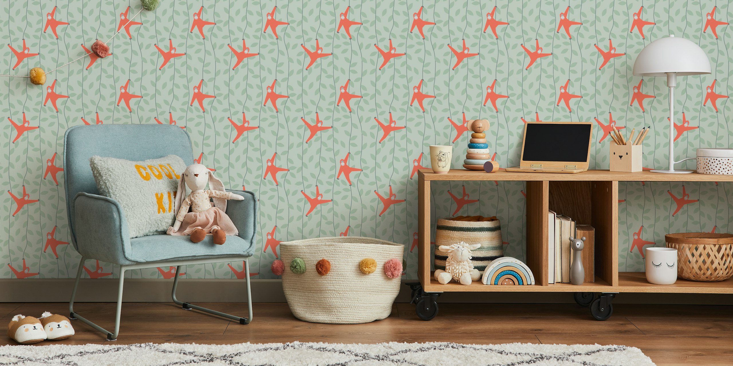 Playful orangutan jungle wallpaper in a room