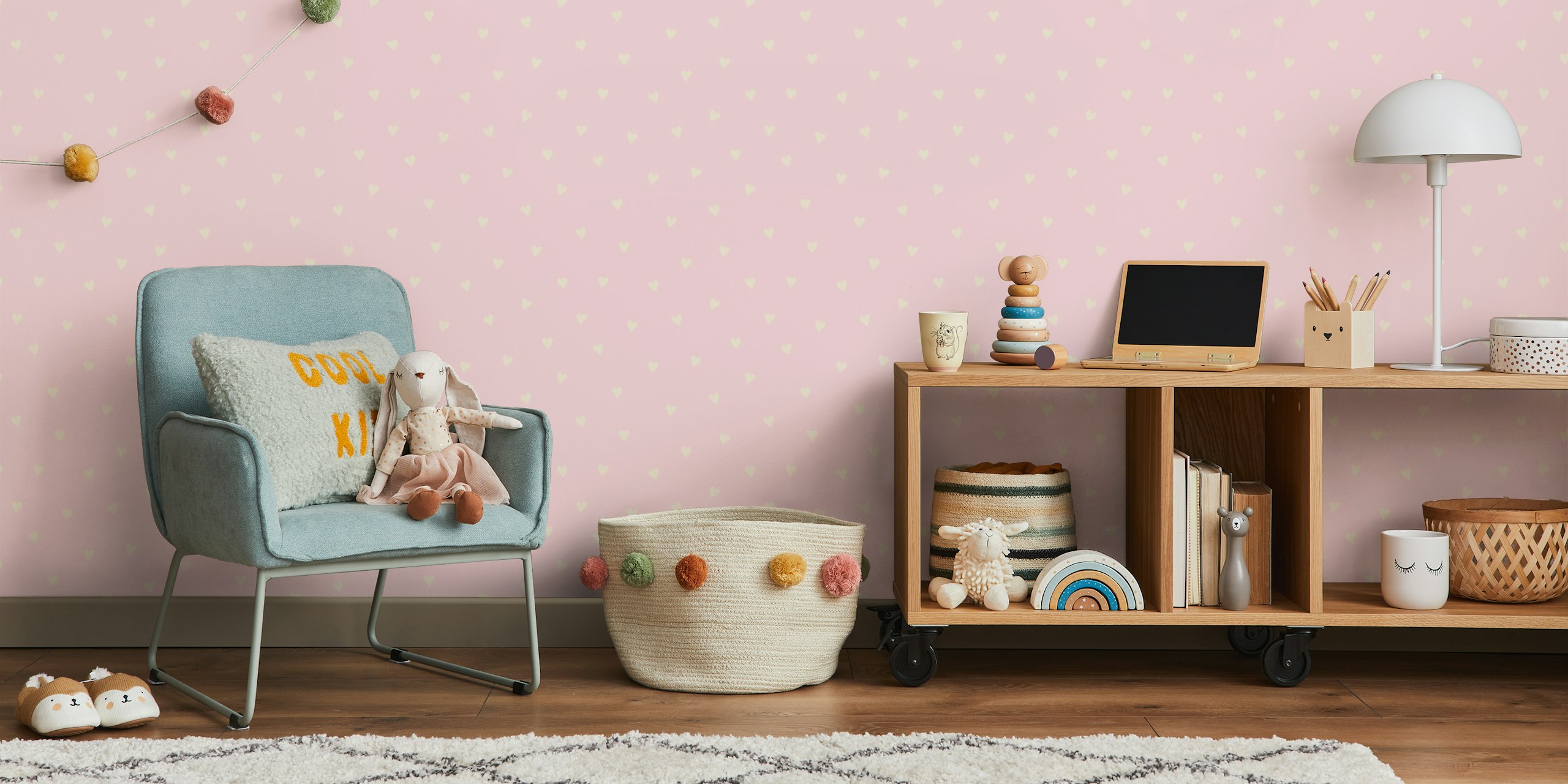 Pretty Little Hearts Cream on Pink wallpaper in room